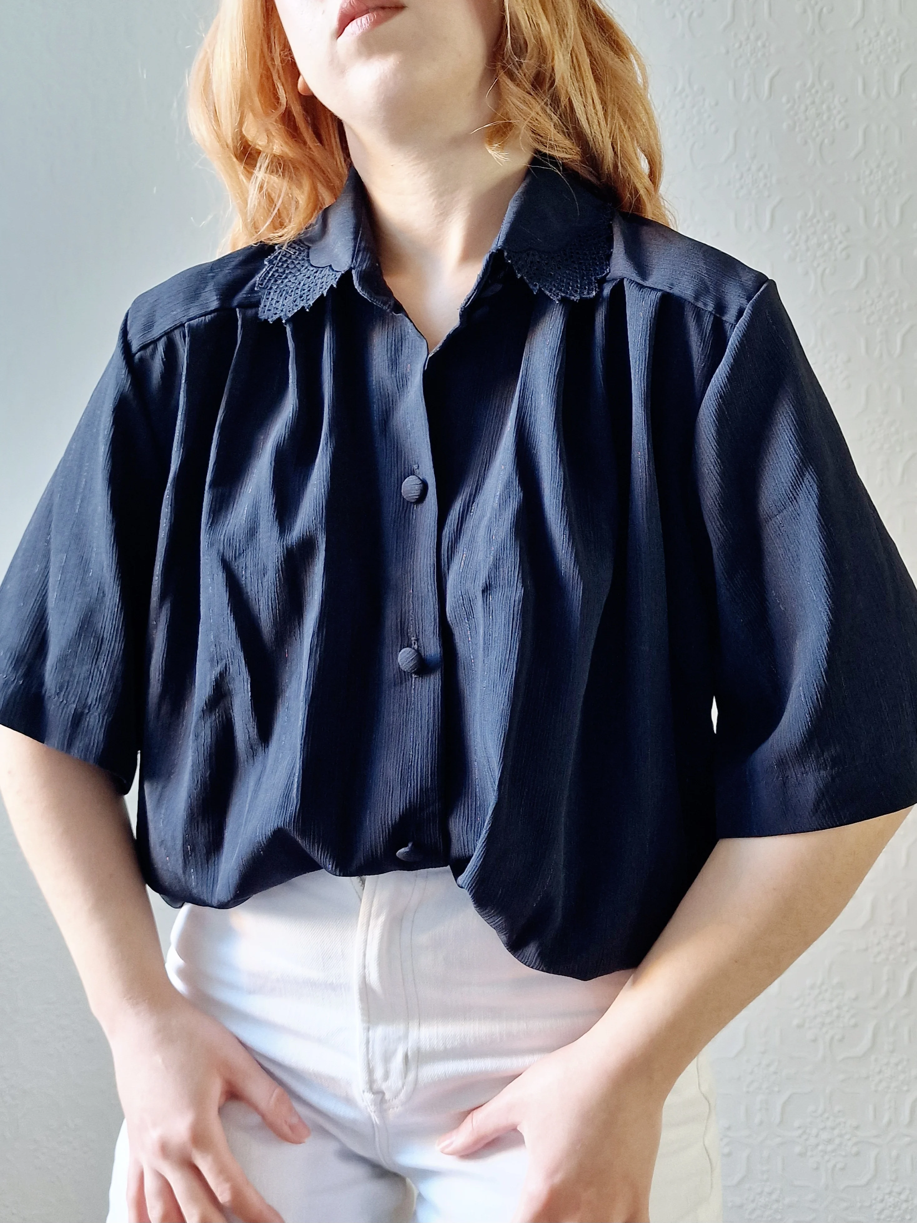 Vintage 80s Black Short Sleeve Blouse with Lace Collar - XL - Image 4