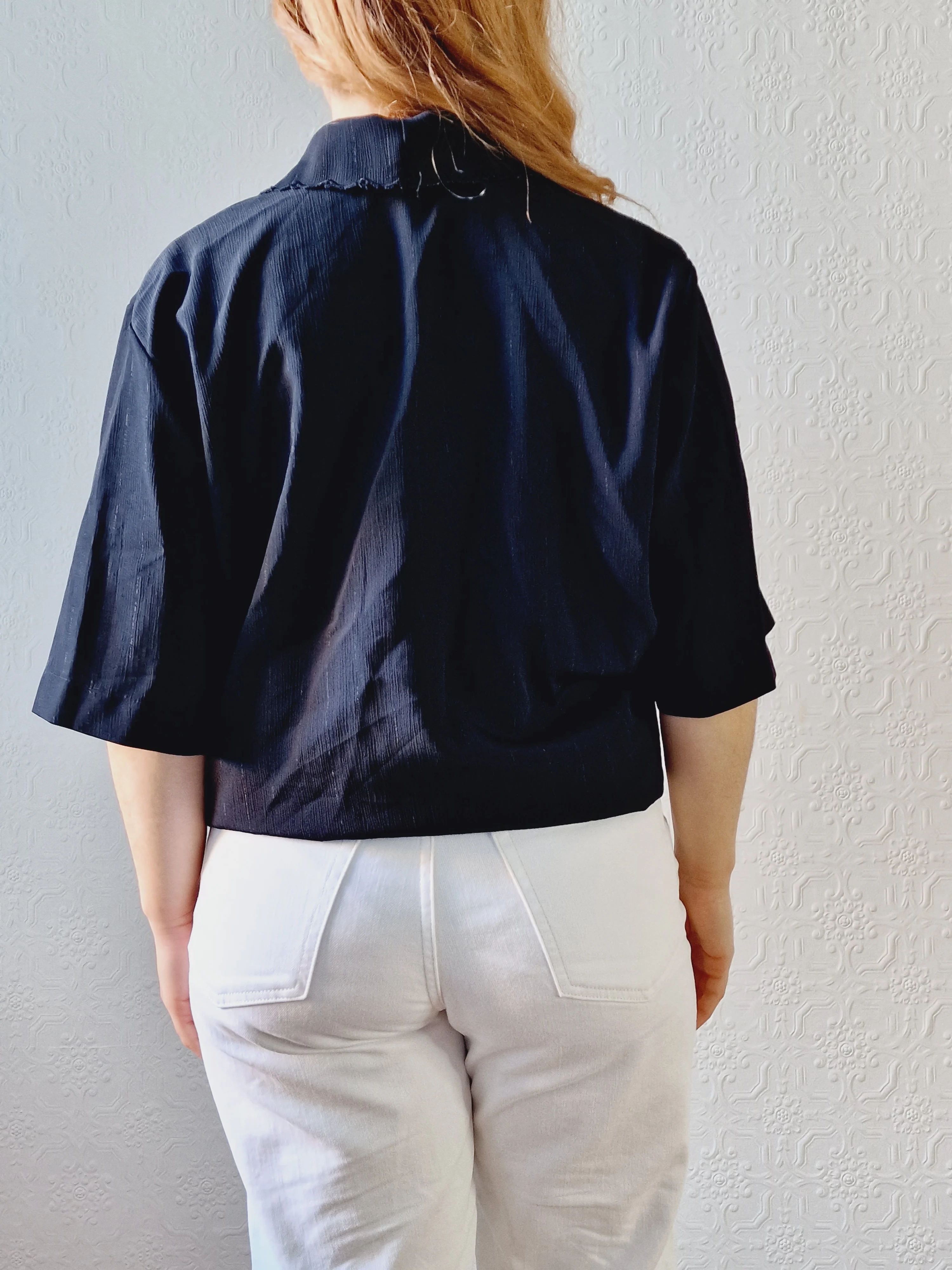 Vintage 80s Black Short Sleeve Blouse with Lace Collar - XL - Image 5
