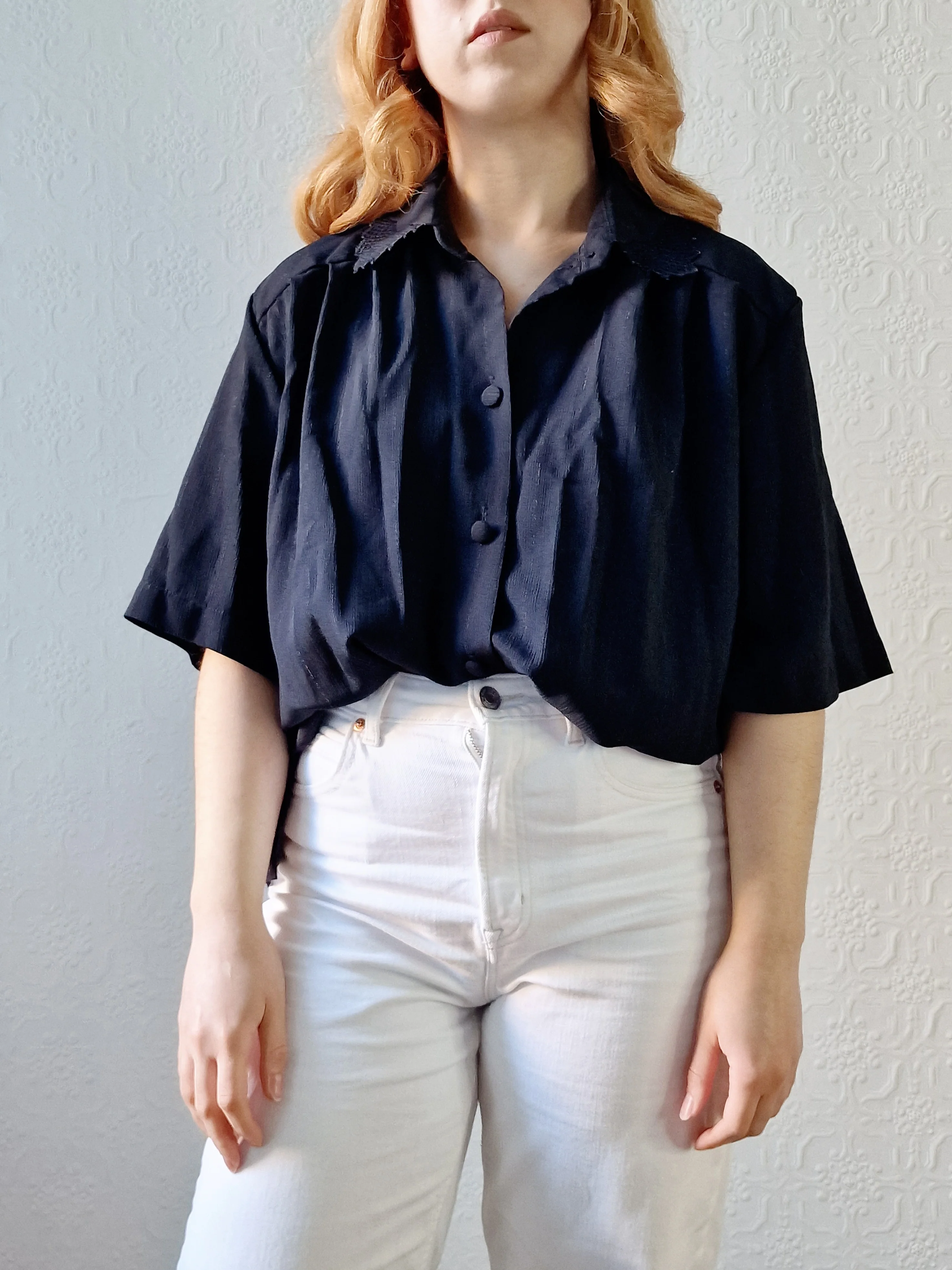 Vintage 80s Black Short Sleeve Blouse with Lace Collar - XL - Image 6