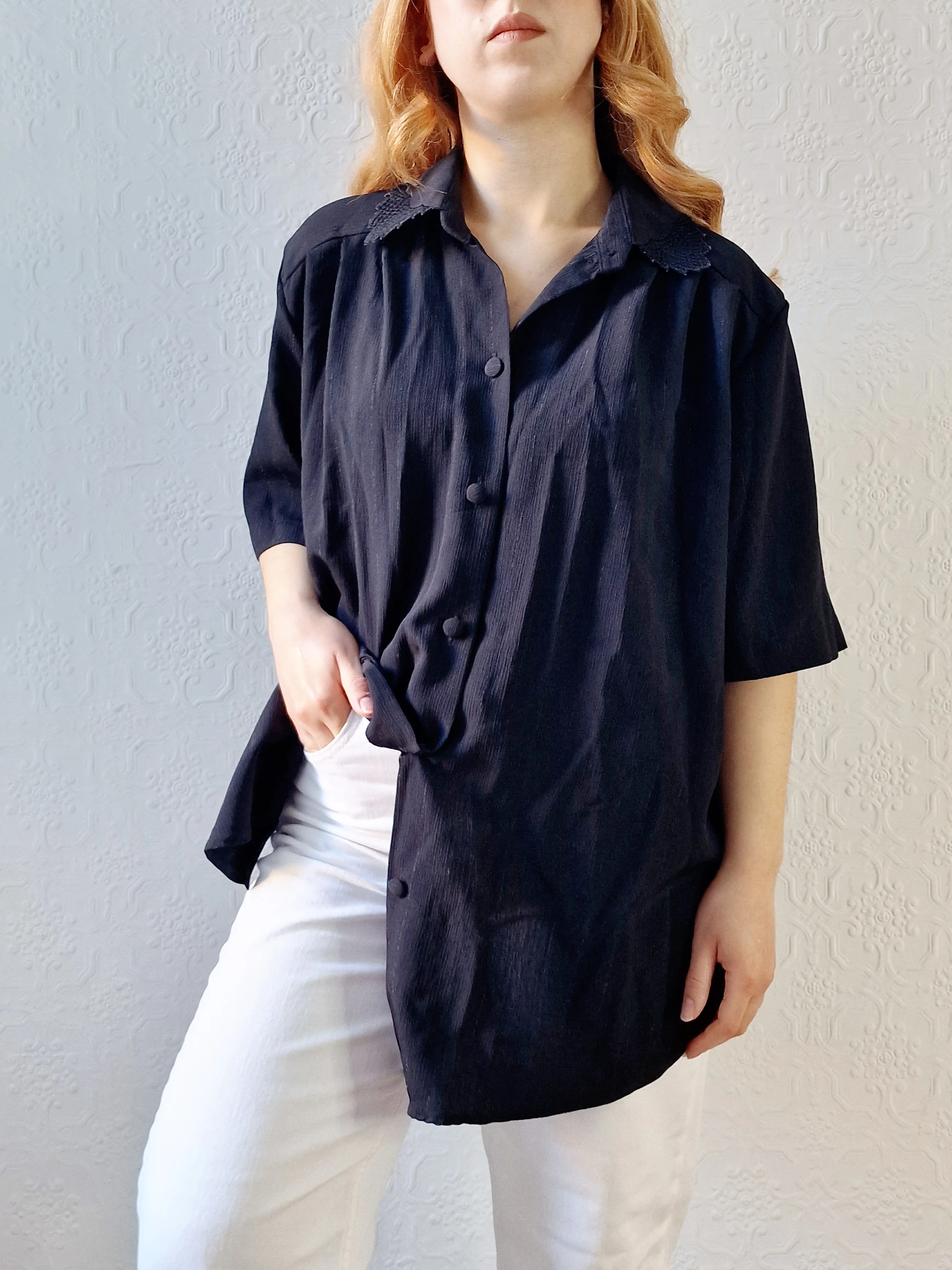 Vintage 80s Black Short Sleeve Blouse with Lace Collar - XL - Image 7