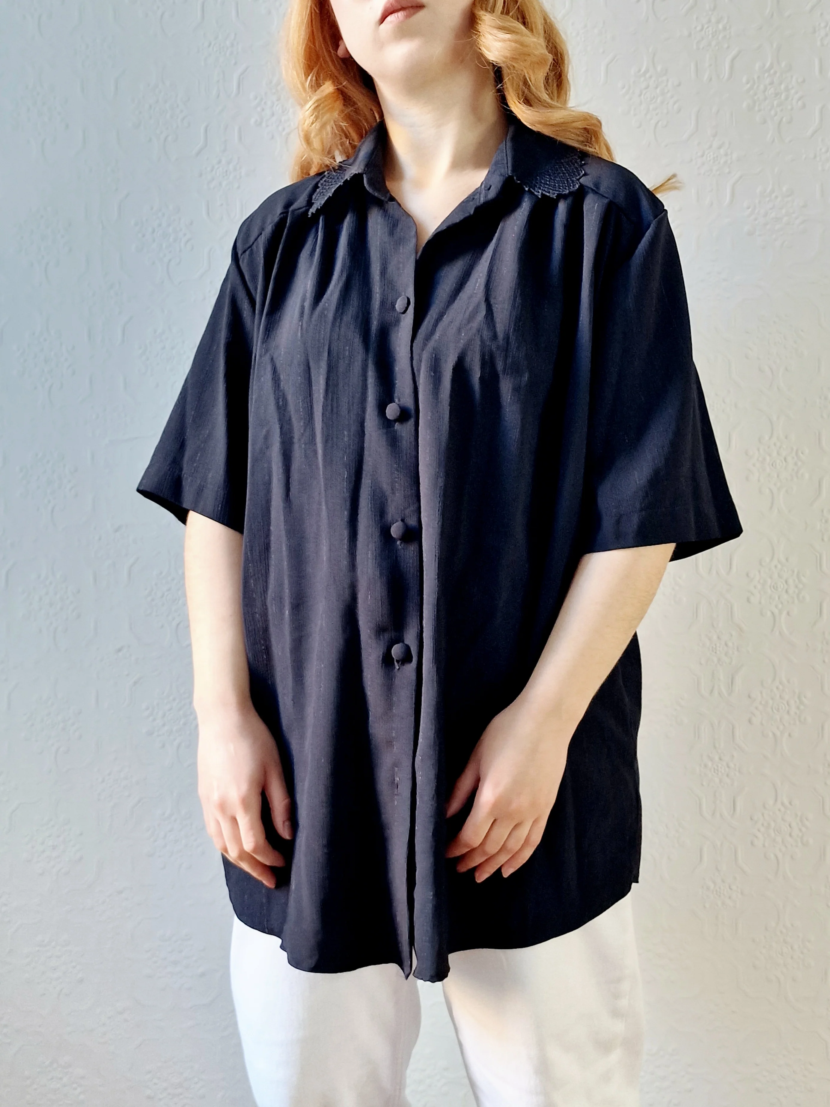 Vintage 80s Black Short Sleeve Blouse with Lace Collar - XL - Image 8