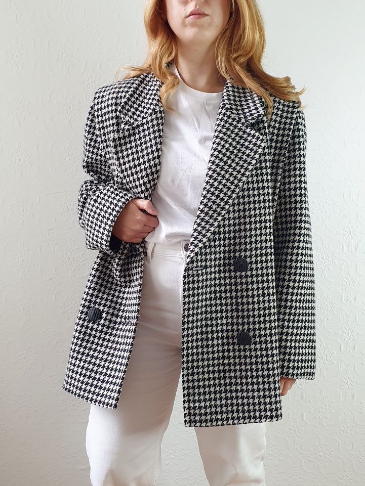 Vintage 80s Black & White Houndstooth Blazer - M