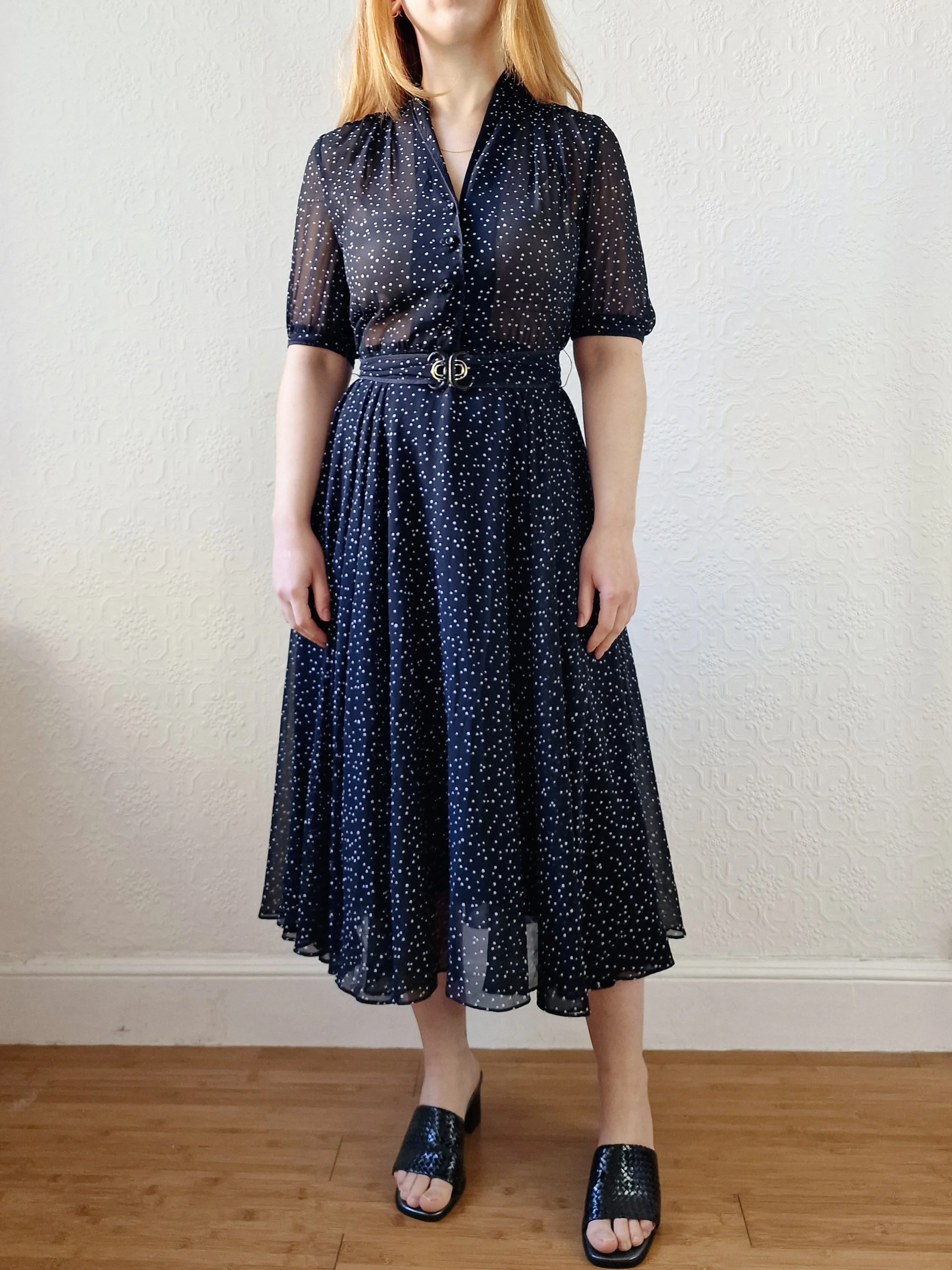 Vintage 80s Black & White Polka Dot Midi Dress with Puff Sleeves - S - Image 2