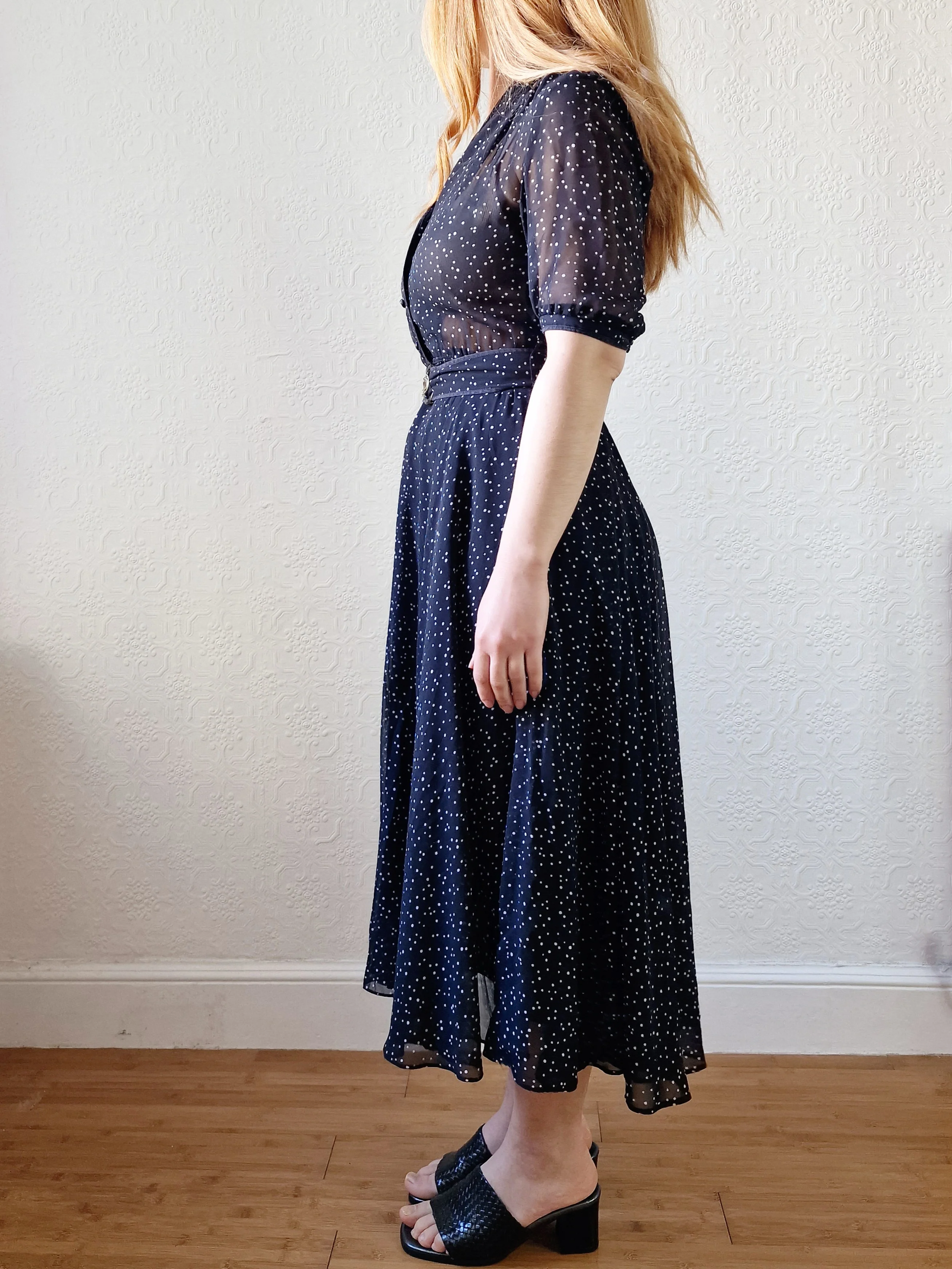 Vintage 80s Black & White Polka Dot Midi Dress with Puff Sleeves - S - Image 3