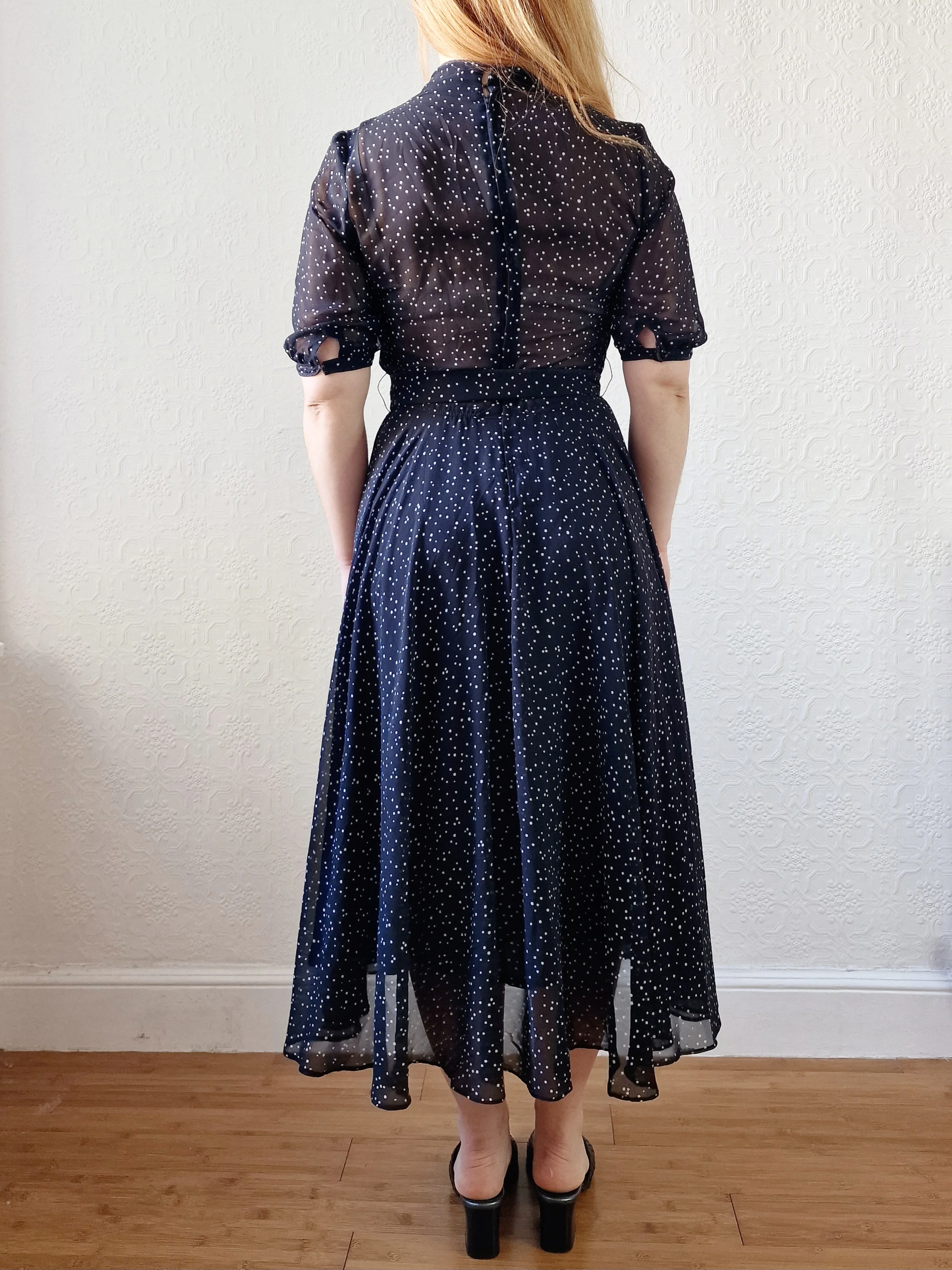 Vintage 80s Black & White Polka Dot Midi Dress with Puff Sleeves - S - Image 4