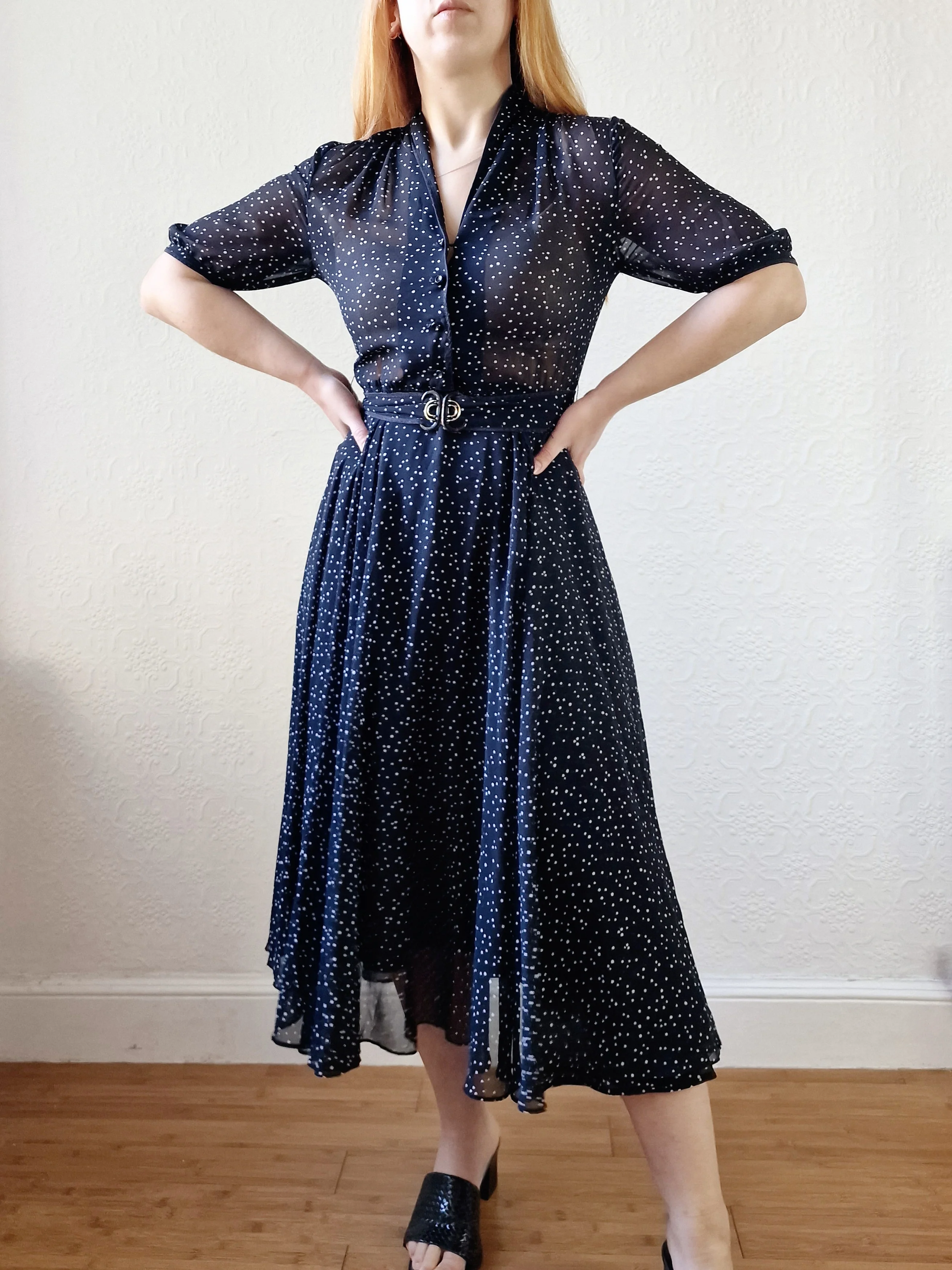Vintage 80s Black & White Polka Dot Midi Dress with Puff Sleeves - S - Image 5