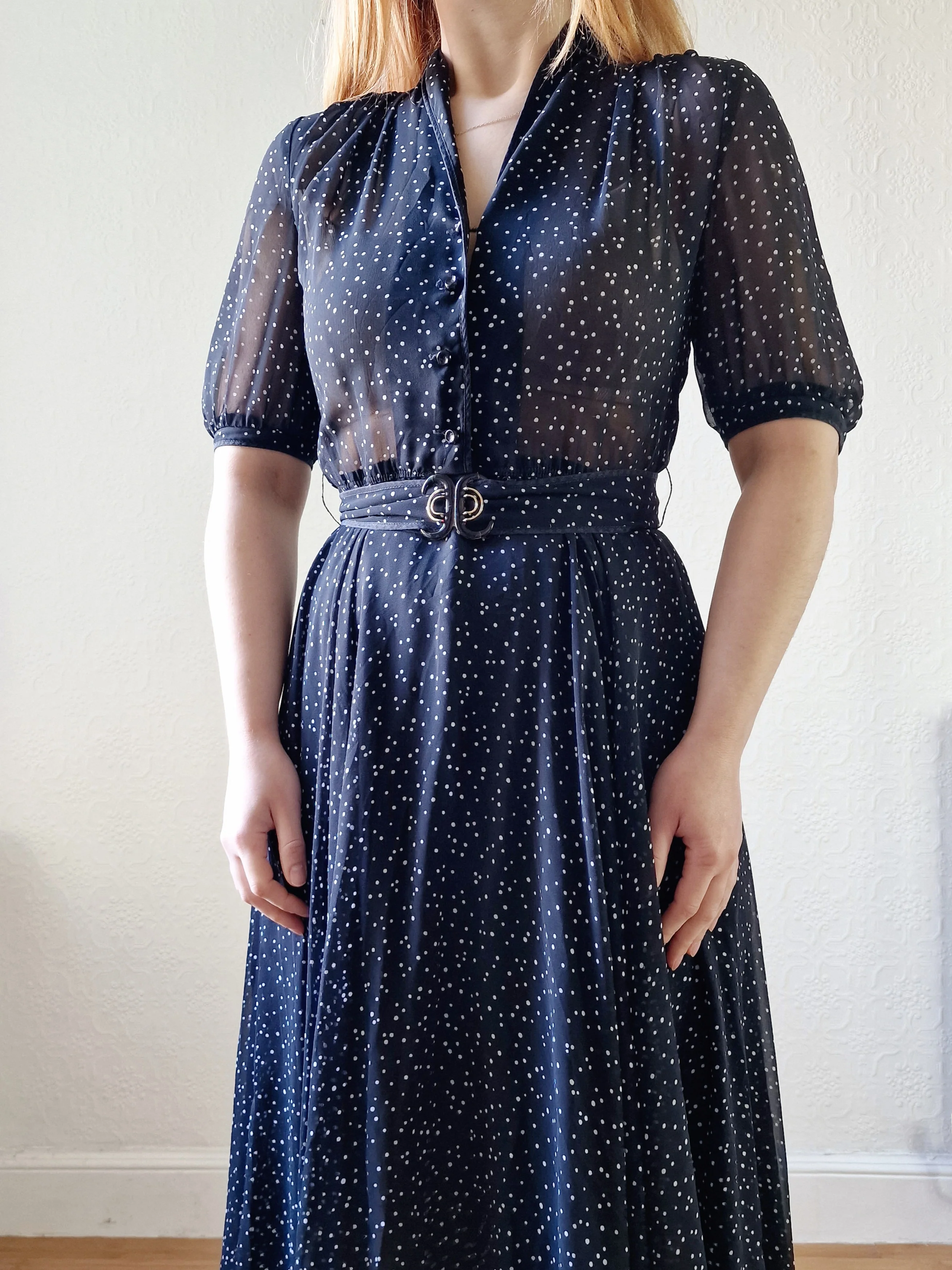 Vintage 80s Black & White Polka Dot Midi Dress with Puff Sleeves - S - Image 6