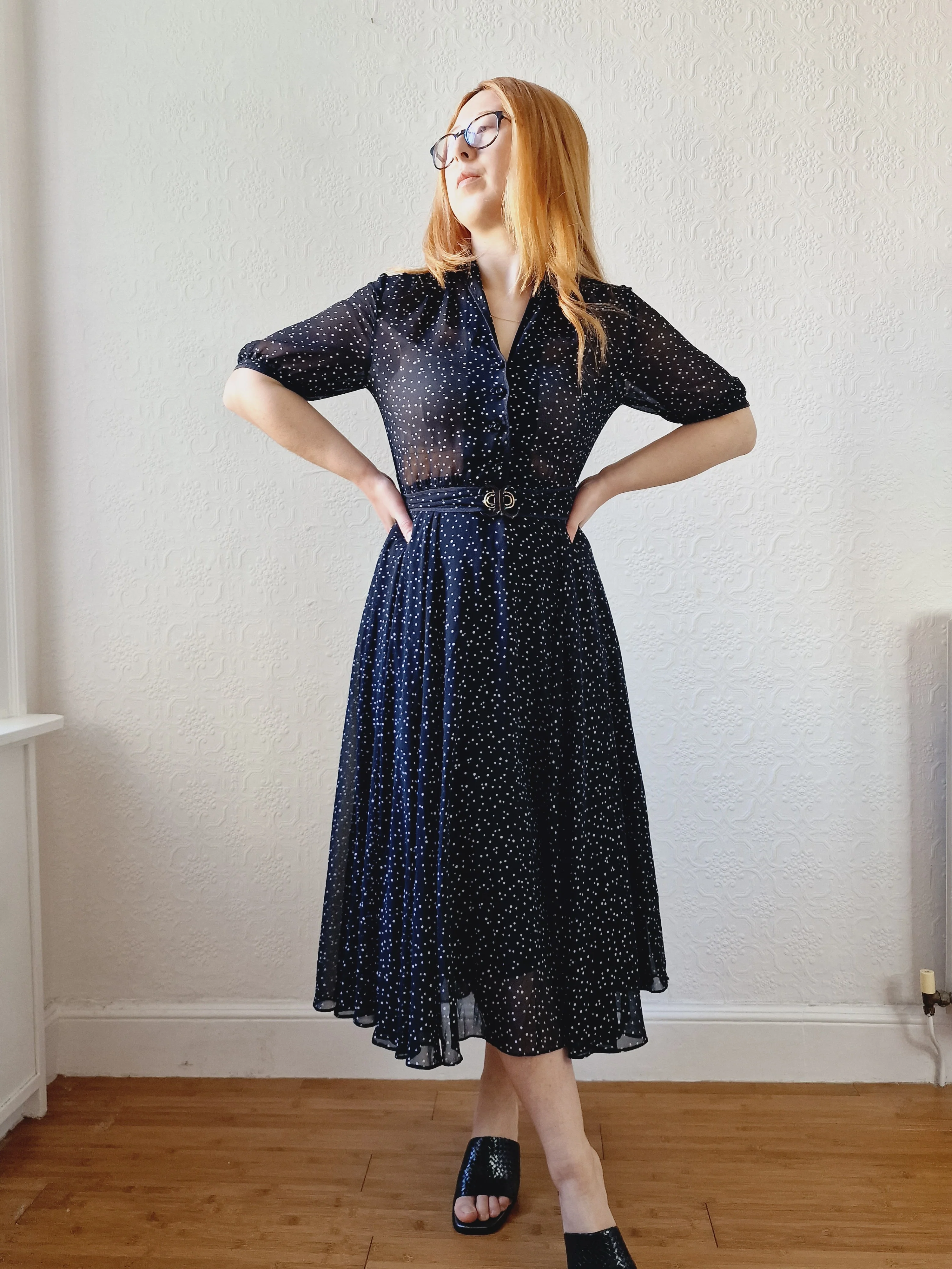 Vintage 80s Black & White Polka Dot Midi Dress with Puff Sleeves - S - Image 7