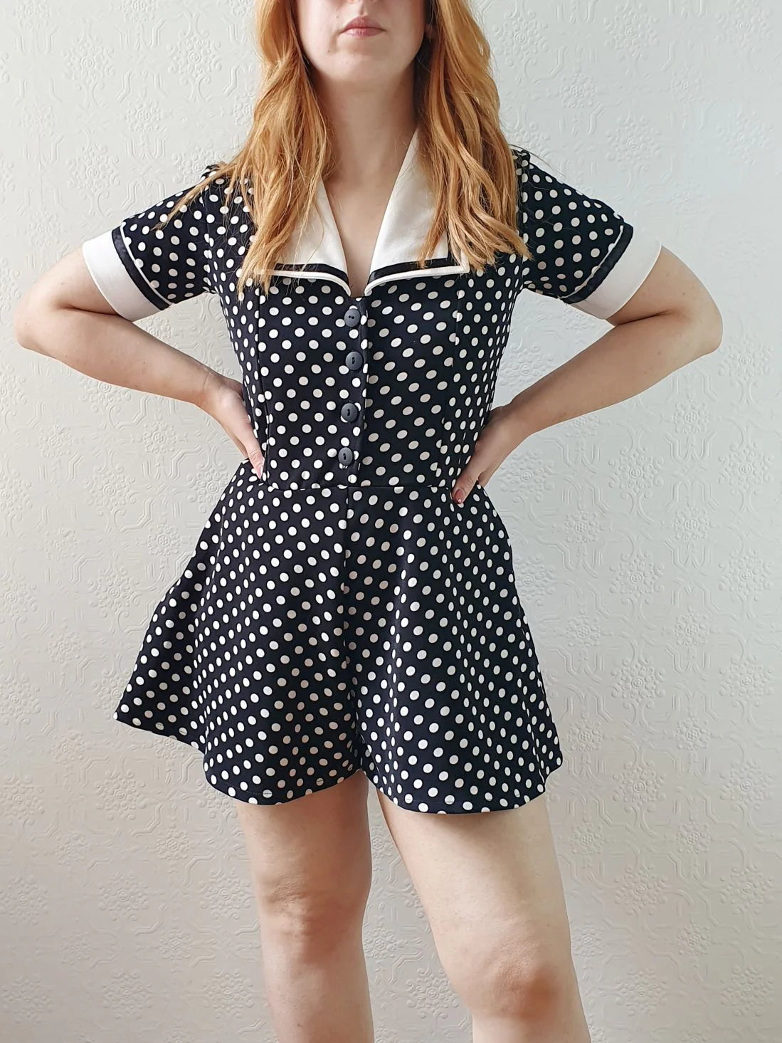 Vintage 80s Black & White Polka Dot Short Sleeve Playsuit - S