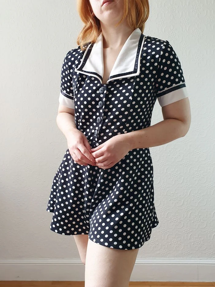Vintage 80s Black & White Polka Dot Short Sleeve Playsuit - S - Image 2