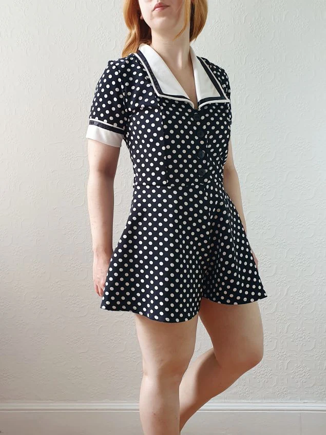 Vintage 80s Black & White Polka Dot Short Sleeve Playsuit - S - Image 4