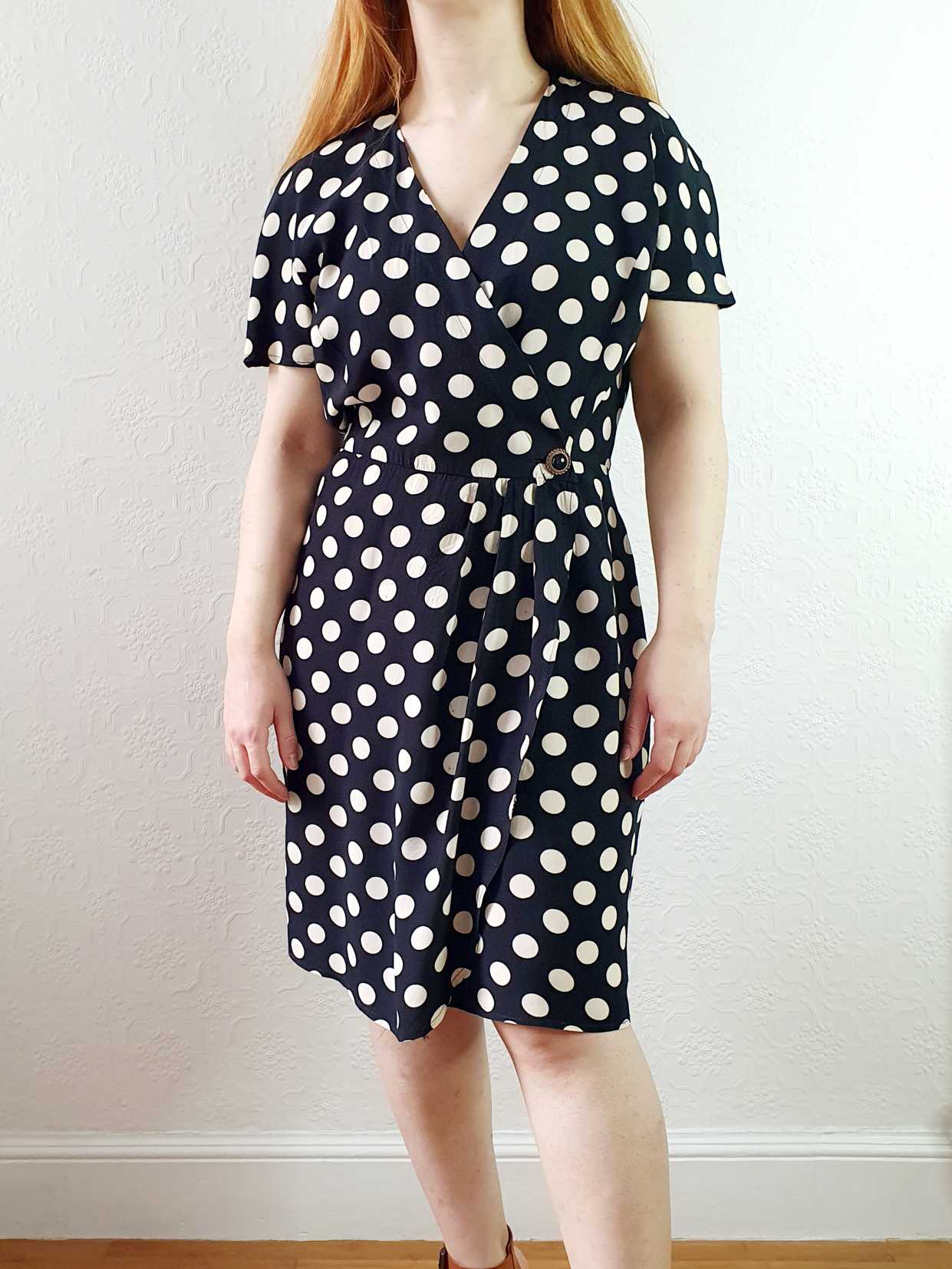Vintage 80s Black & White Polka Dot Short Sleeve Wrap Dress - M