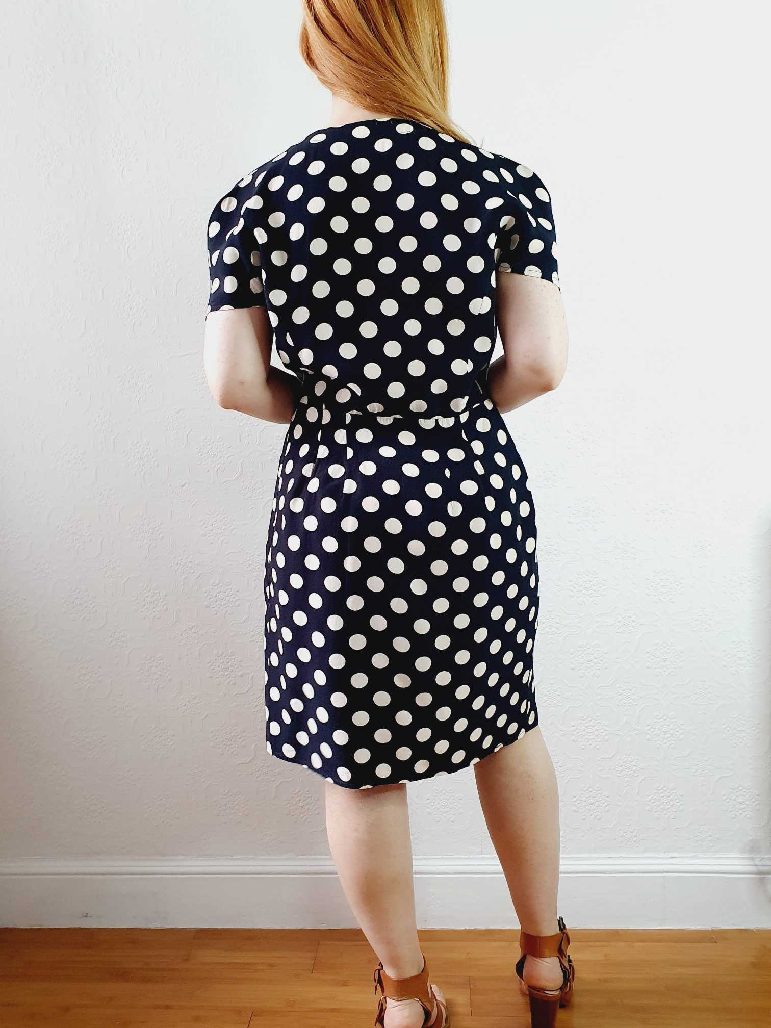 Vintage 80s Black & White Polka Dot Short Sleeve Wrap Dress - M - Image 10