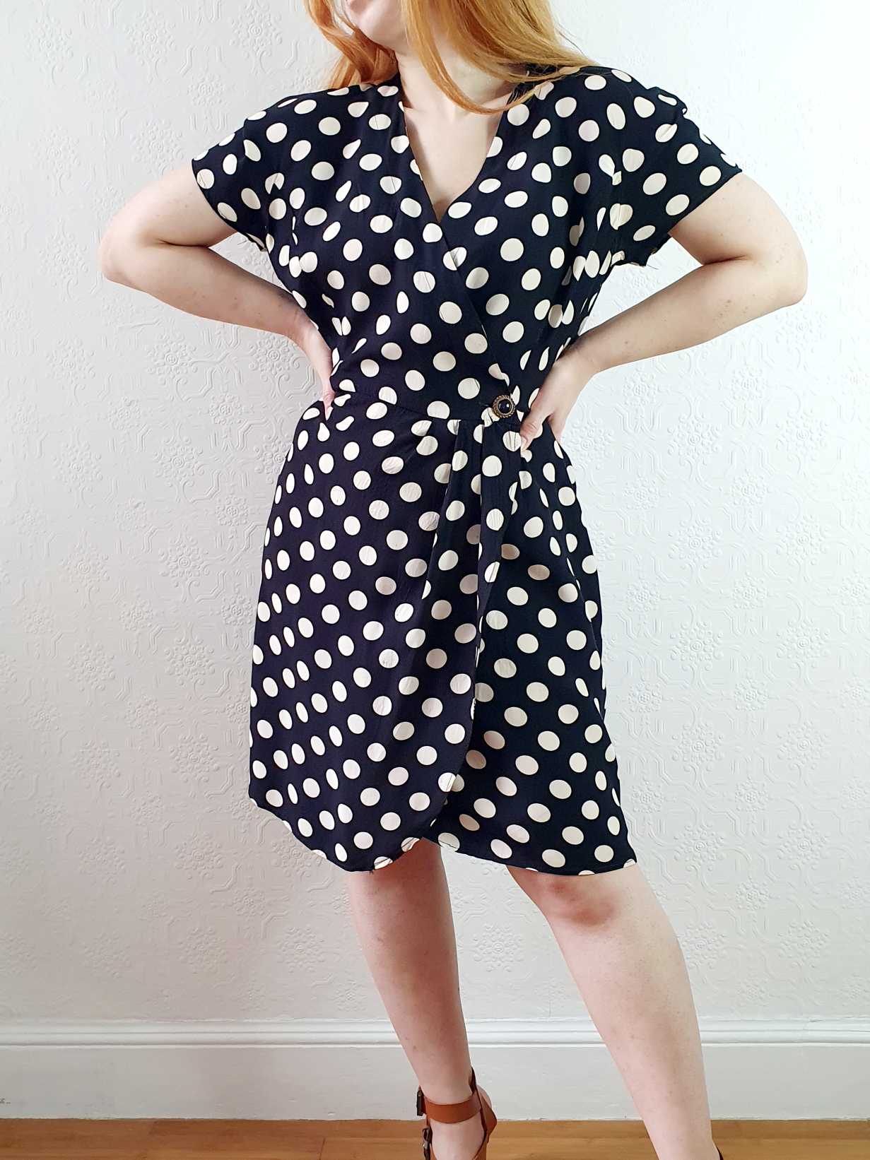 Vintage 80s Black & White Polka Dot Short Sleeve Wrap Dress - M - Image 11