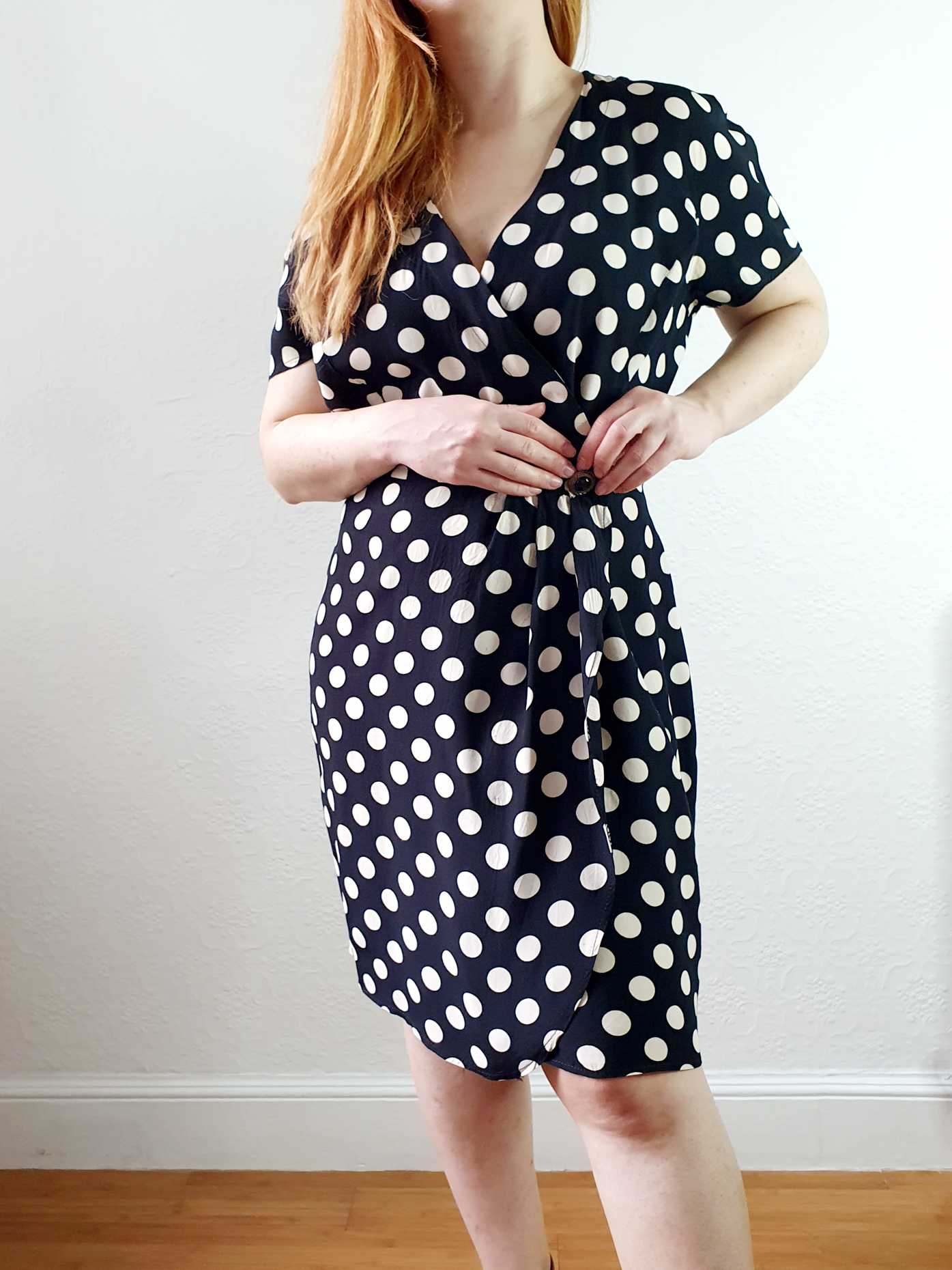 Vintage 80s Black & White Polka Dot Short Sleeve Wrap Dress - M - Image 12