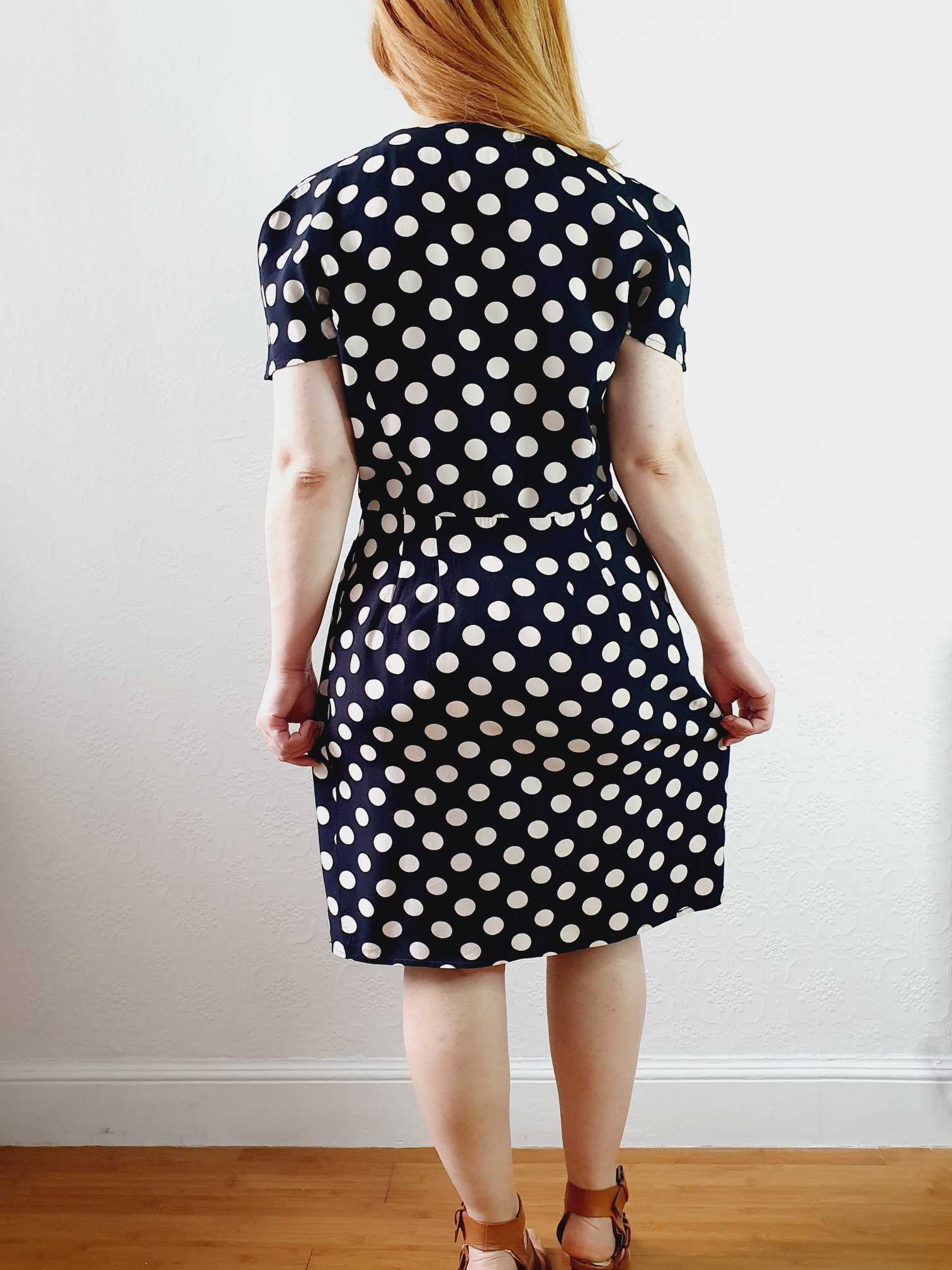 Vintage 80s Black & White Polka Dot Short Sleeve Wrap Dress - M - Image 13