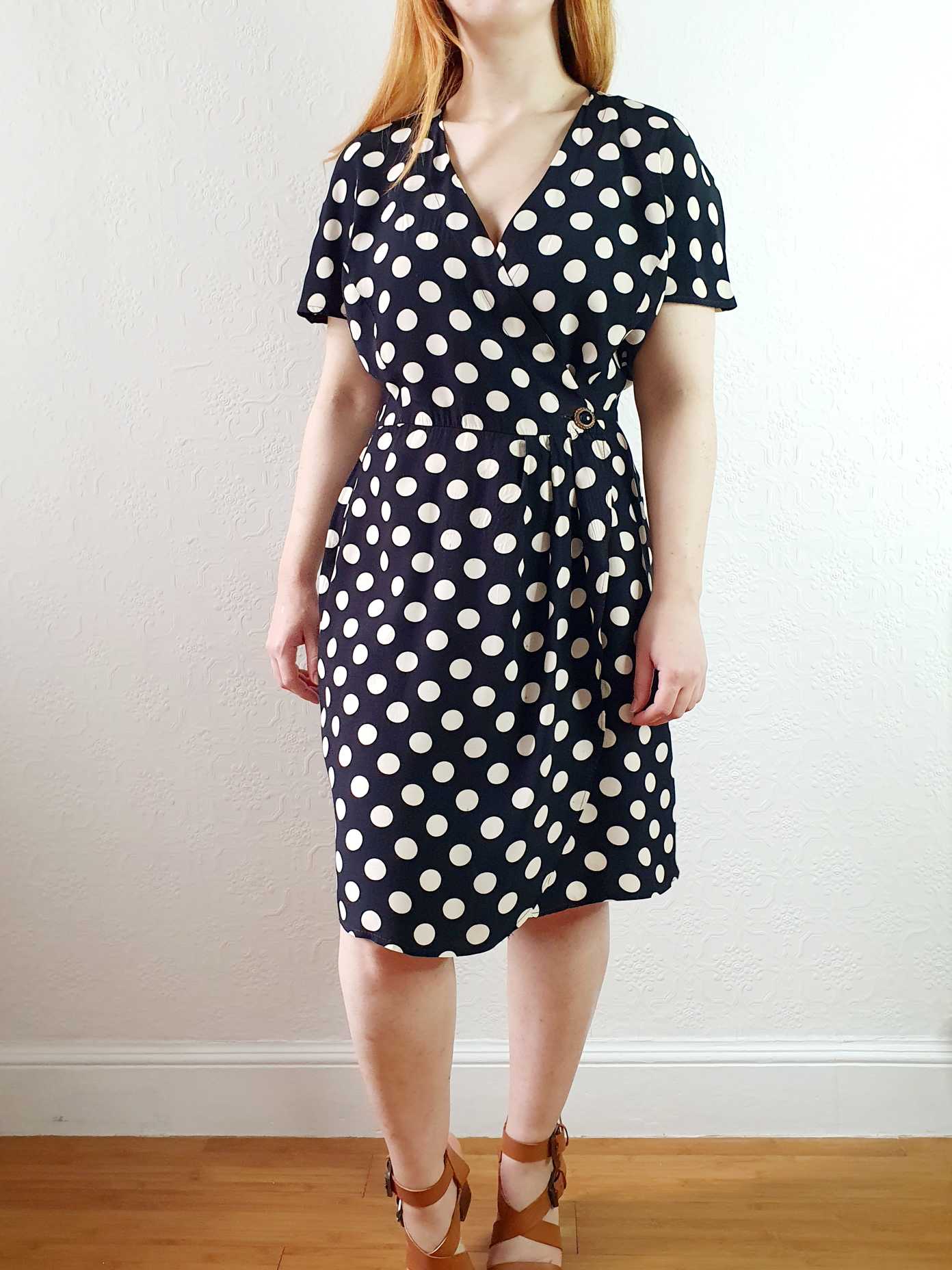 Vintage 80s Black & White Polka Dot Short Sleeve Wrap Dress - M - Image 14