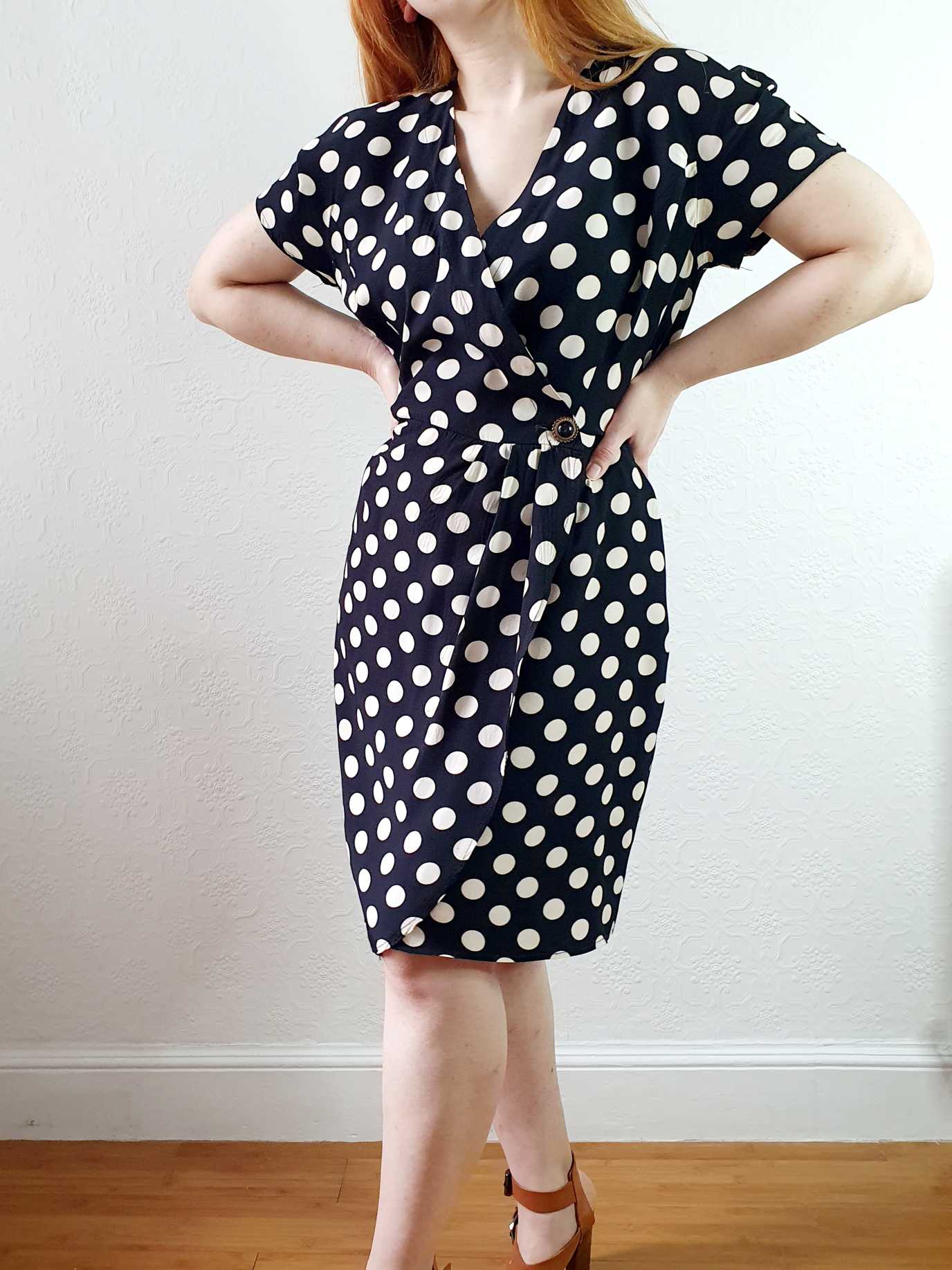 Vintage 80s Black & White Polka Dot Short Sleeve Wrap Dress - M - Image 2