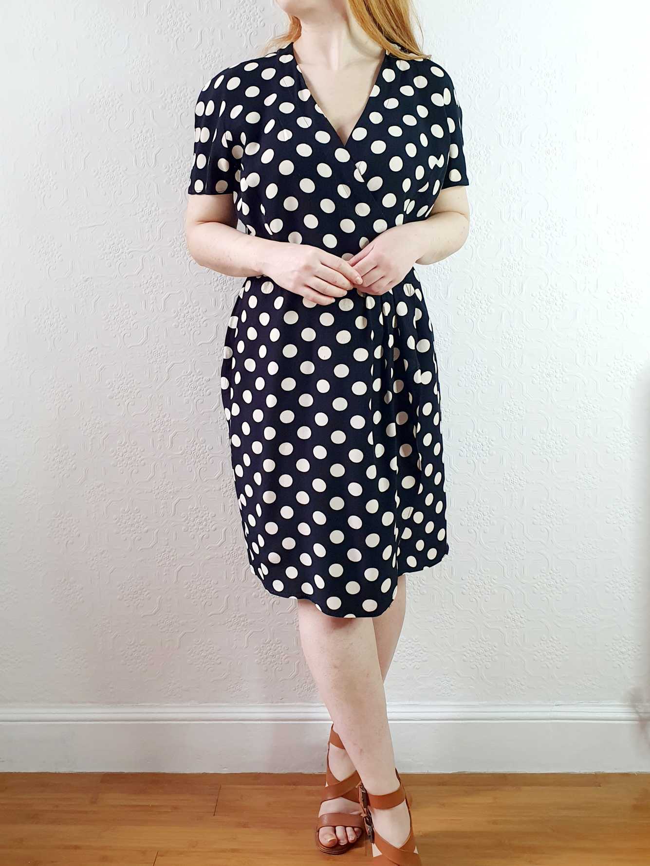 Vintage 80s Black & White Polka Dot Short Sleeve Wrap Dress - M - Image 3