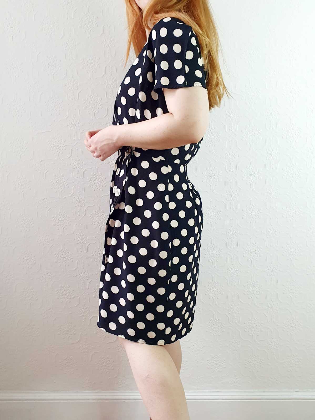 Vintage 80s Black & White Polka Dot Short Sleeve Wrap Dress - M - Image 4