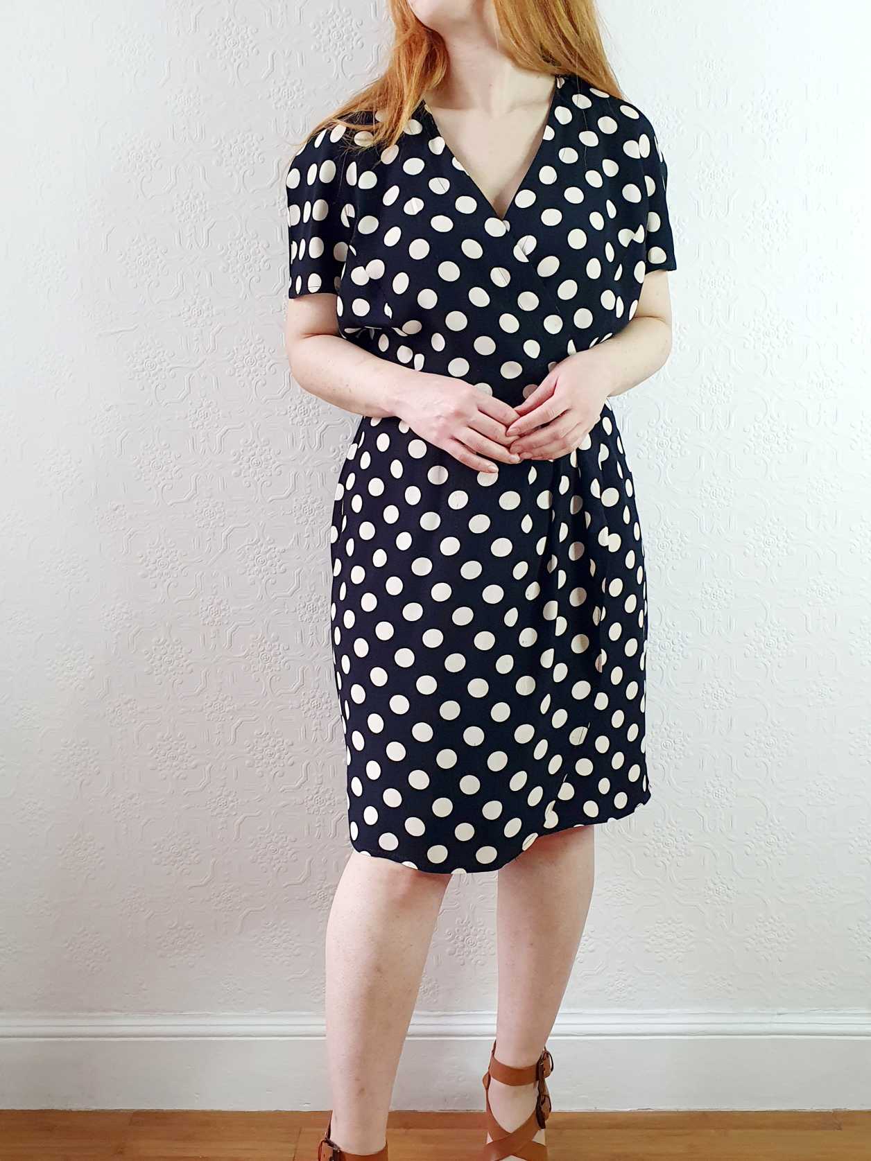 Vintage 80s Black & White Polka Dot Short Sleeve Wrap Dress - M - Image 5
