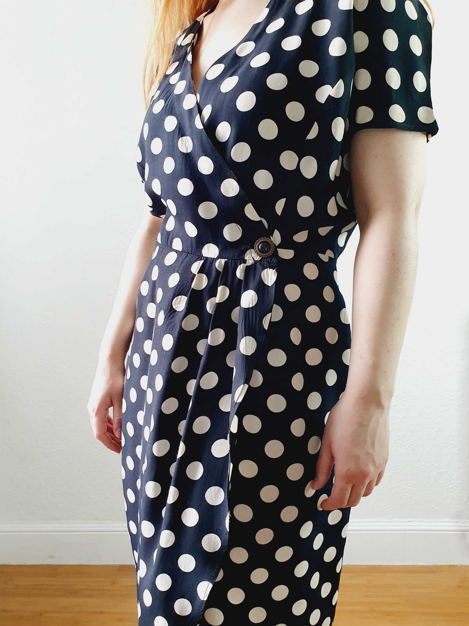 Vintage 80s Black & White Polka Dot Short Sleeve Wrap Dress - M - Image 6