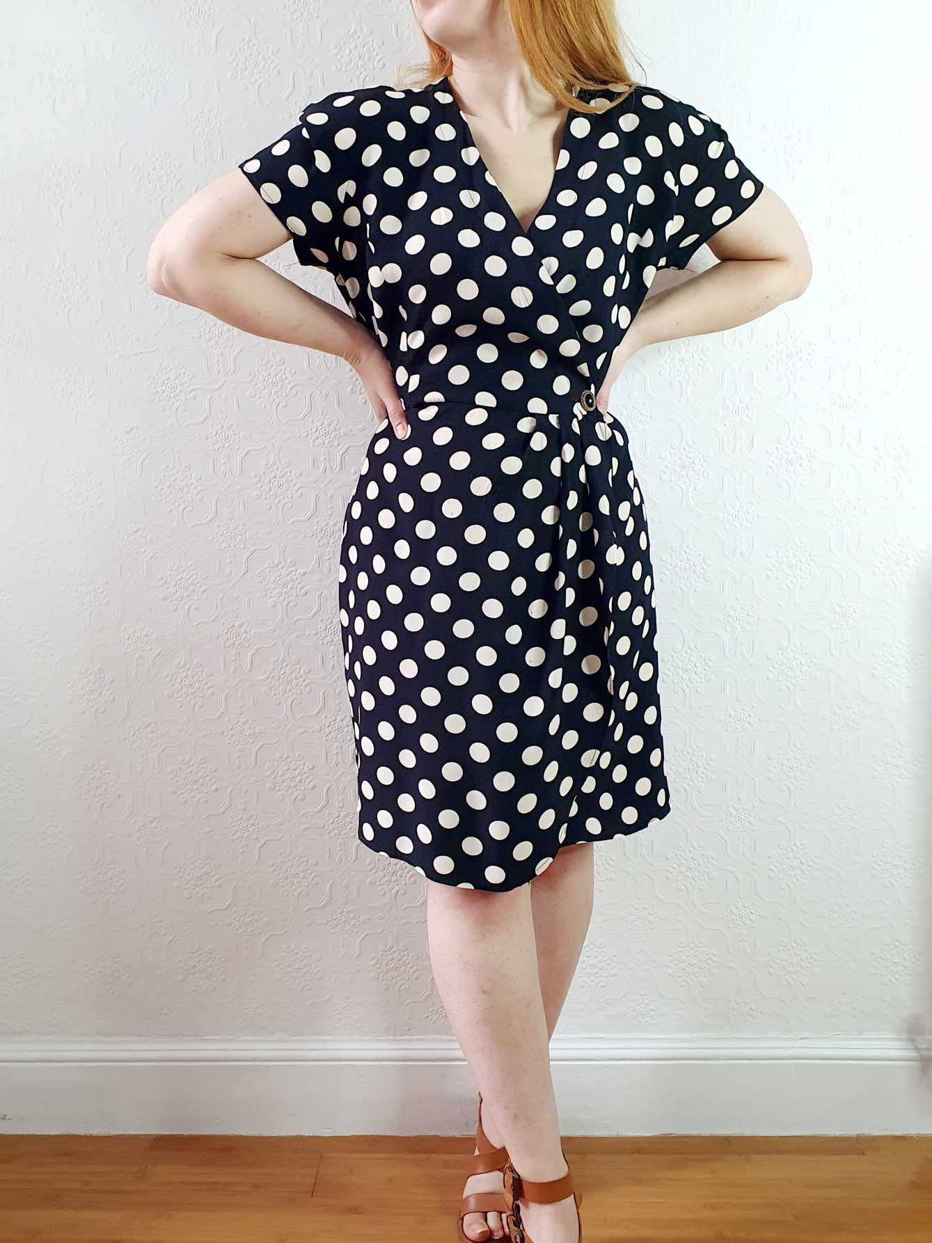 Vintage 80s Black & White Polka Dot Short Sleeve Wrap Dress - M - Image 7