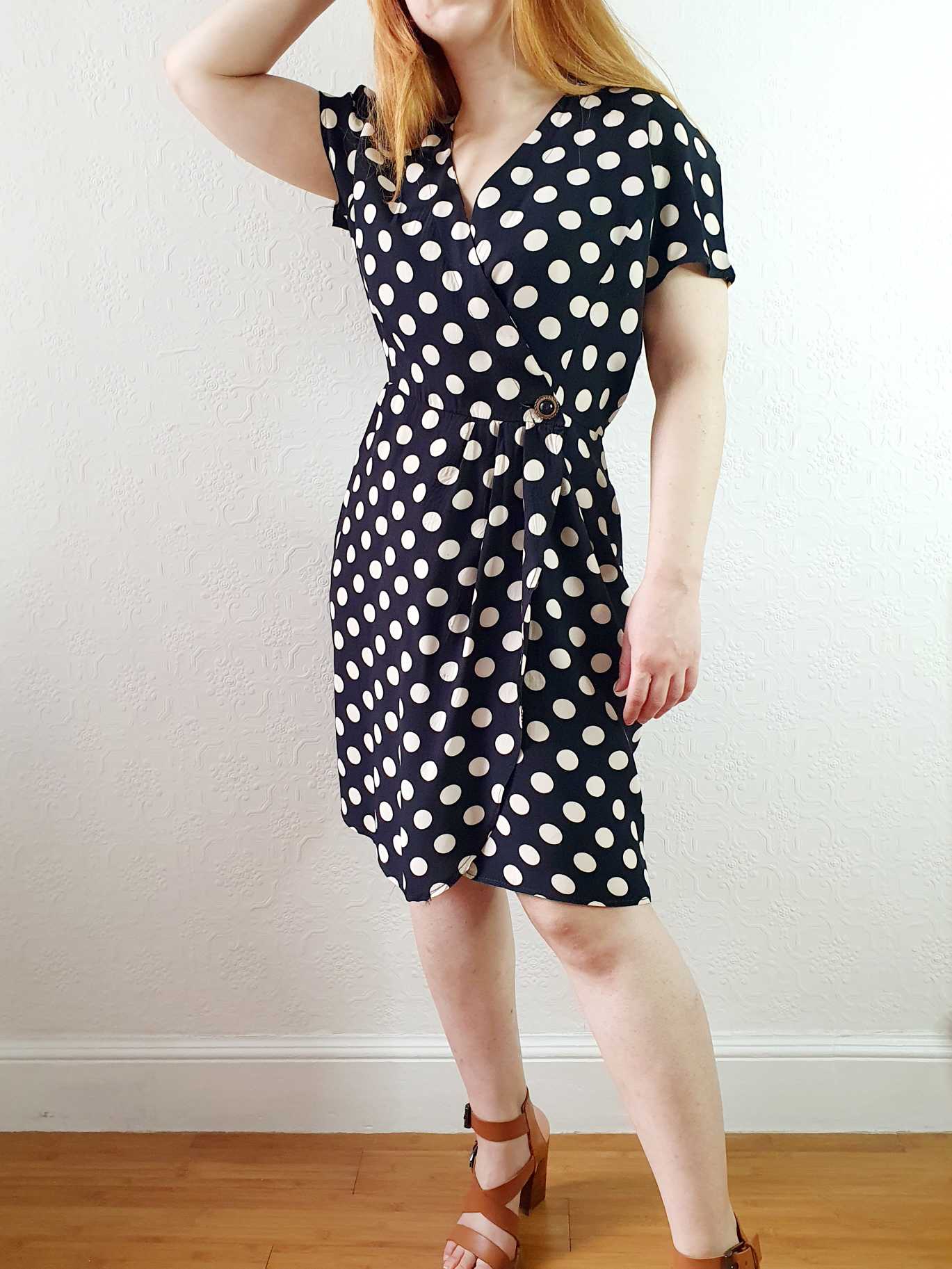 Vintage 80s Black & White Polka Dot Short Sleeve Wrap Dress - M - Image 8