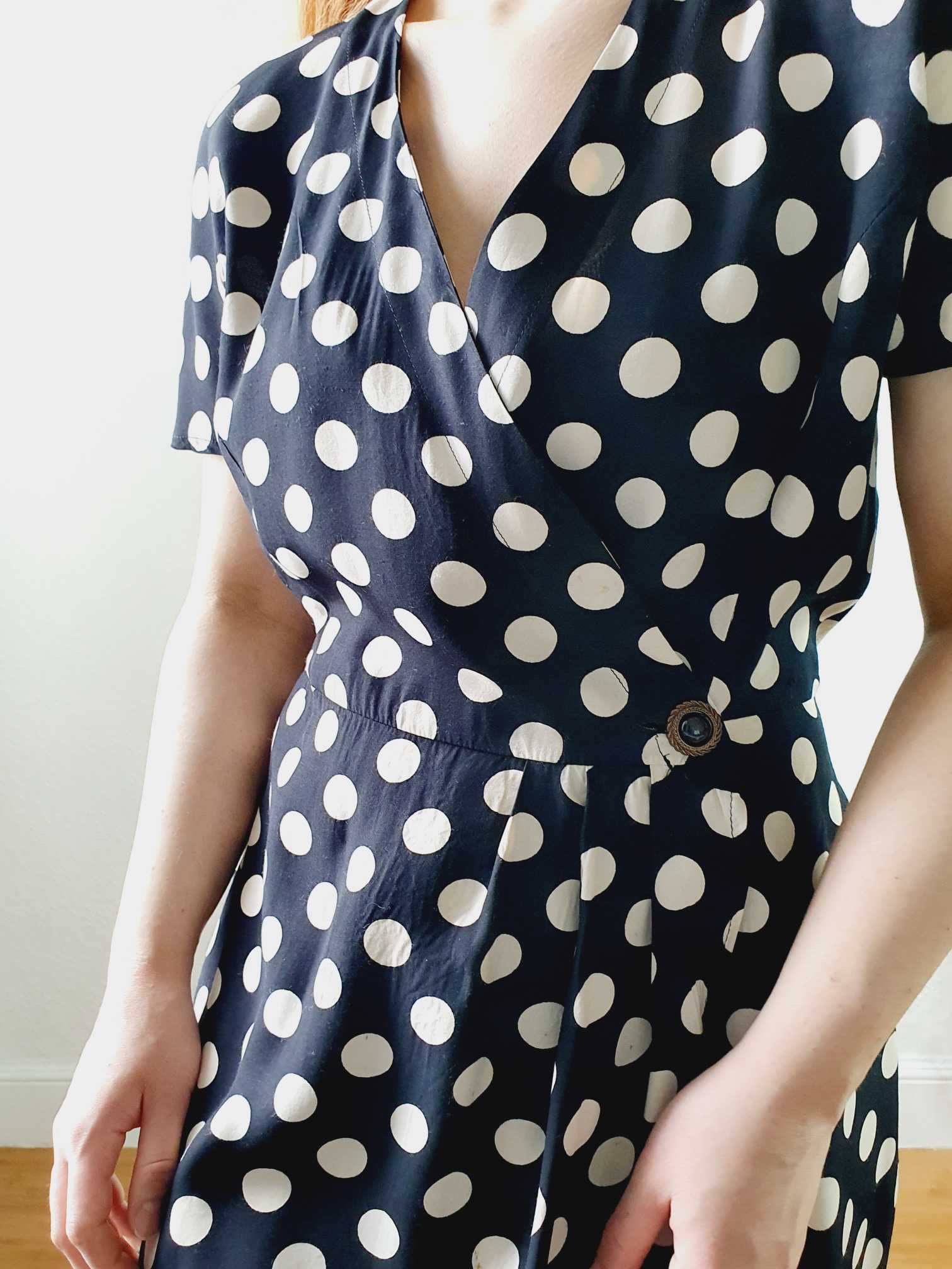 Vintage 80s Black & White Polka Dot Short Sleeve Wrap Dress - M - Image 9