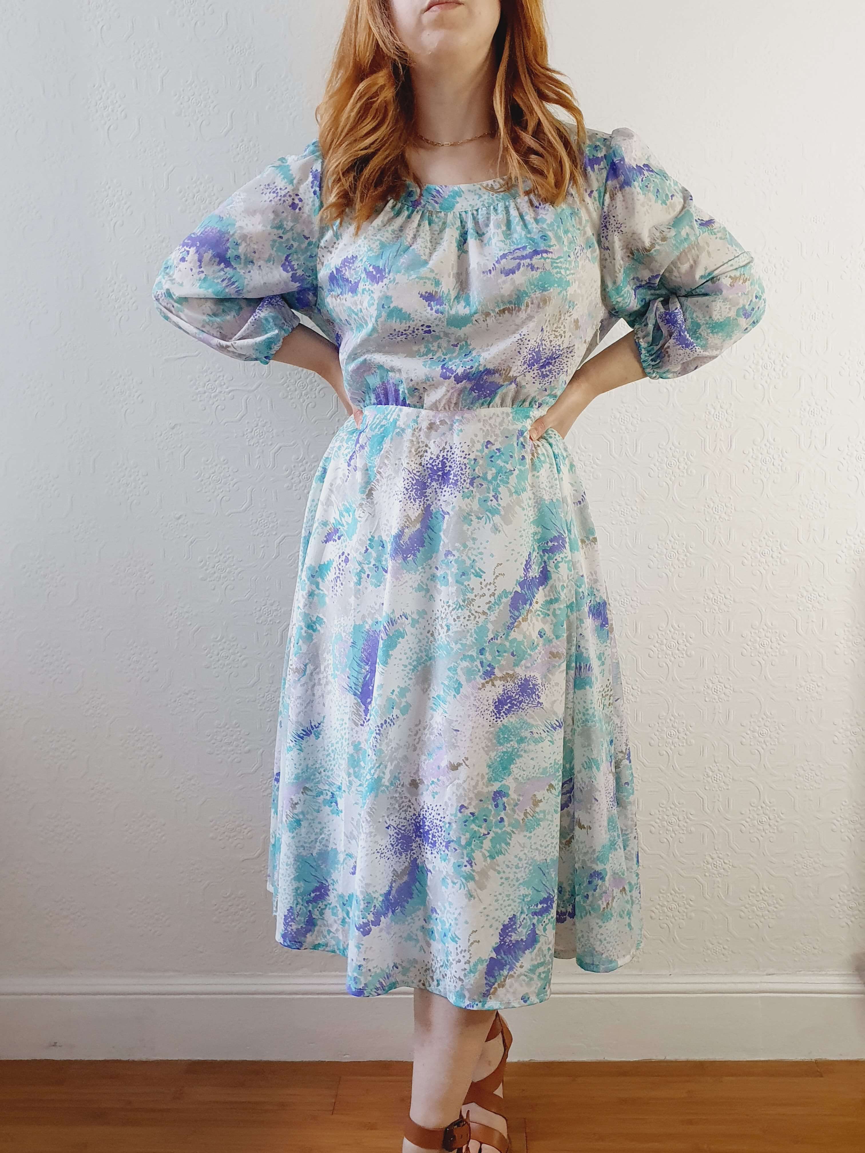 Vintage 80s Blue 3/4 Balloon Sleeve Midi Dress - L