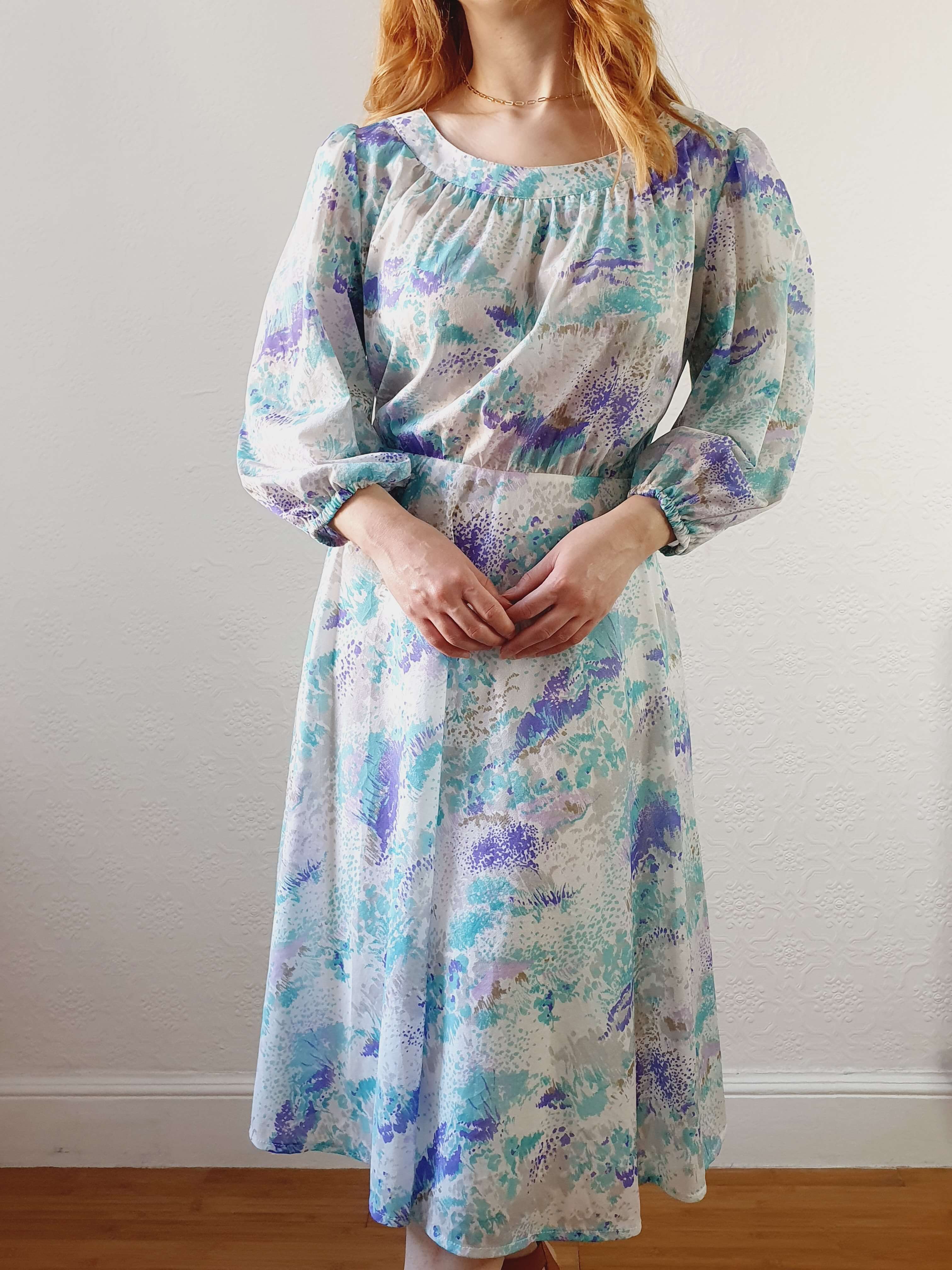 Vintage 80s Blue 3/4 Balloon Sleeve Midi Dress - L - Image 10