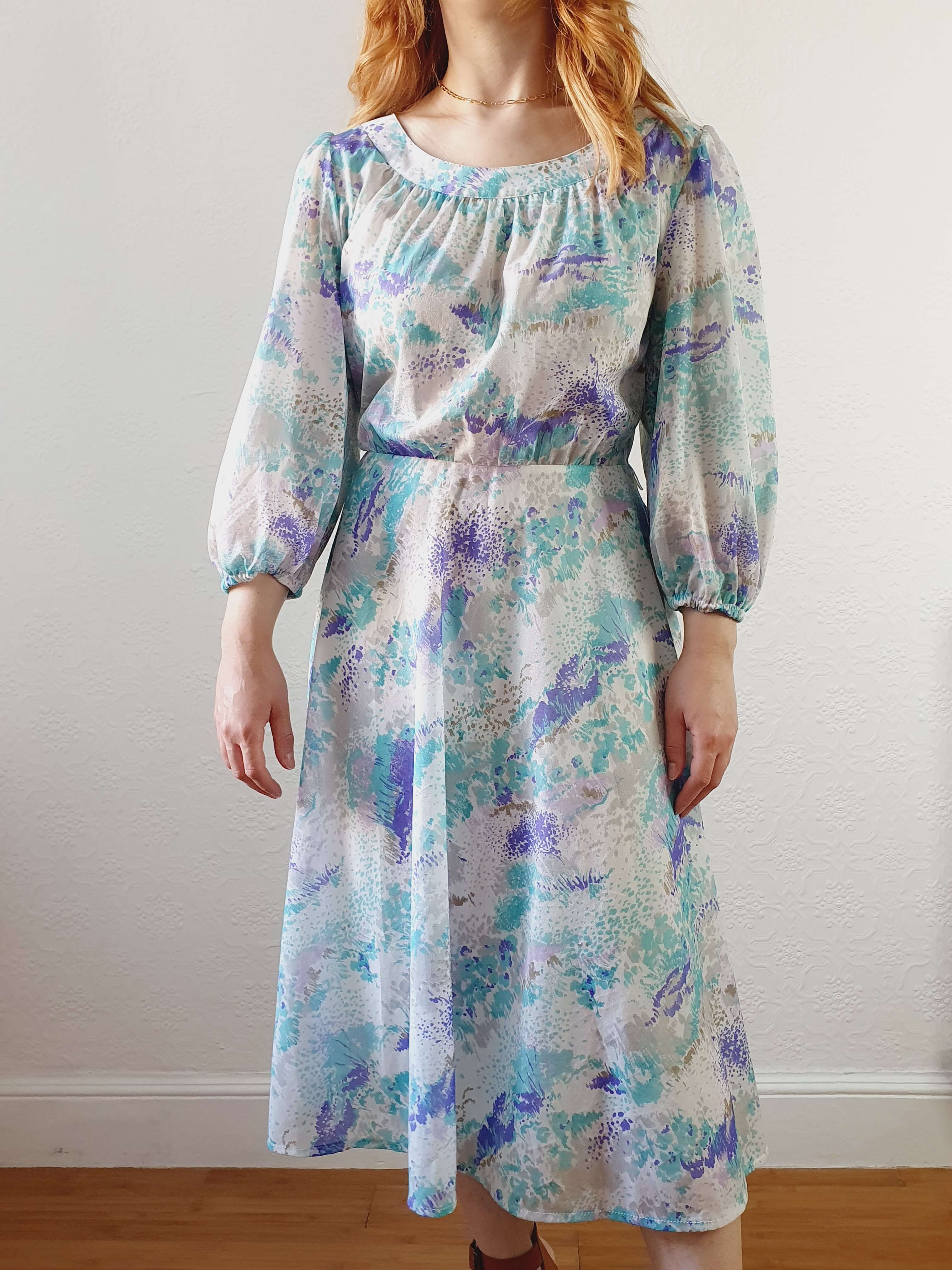 Vintage 80s Blue 3/4 Balloon Sleeve Midi Dress - L - Image 2