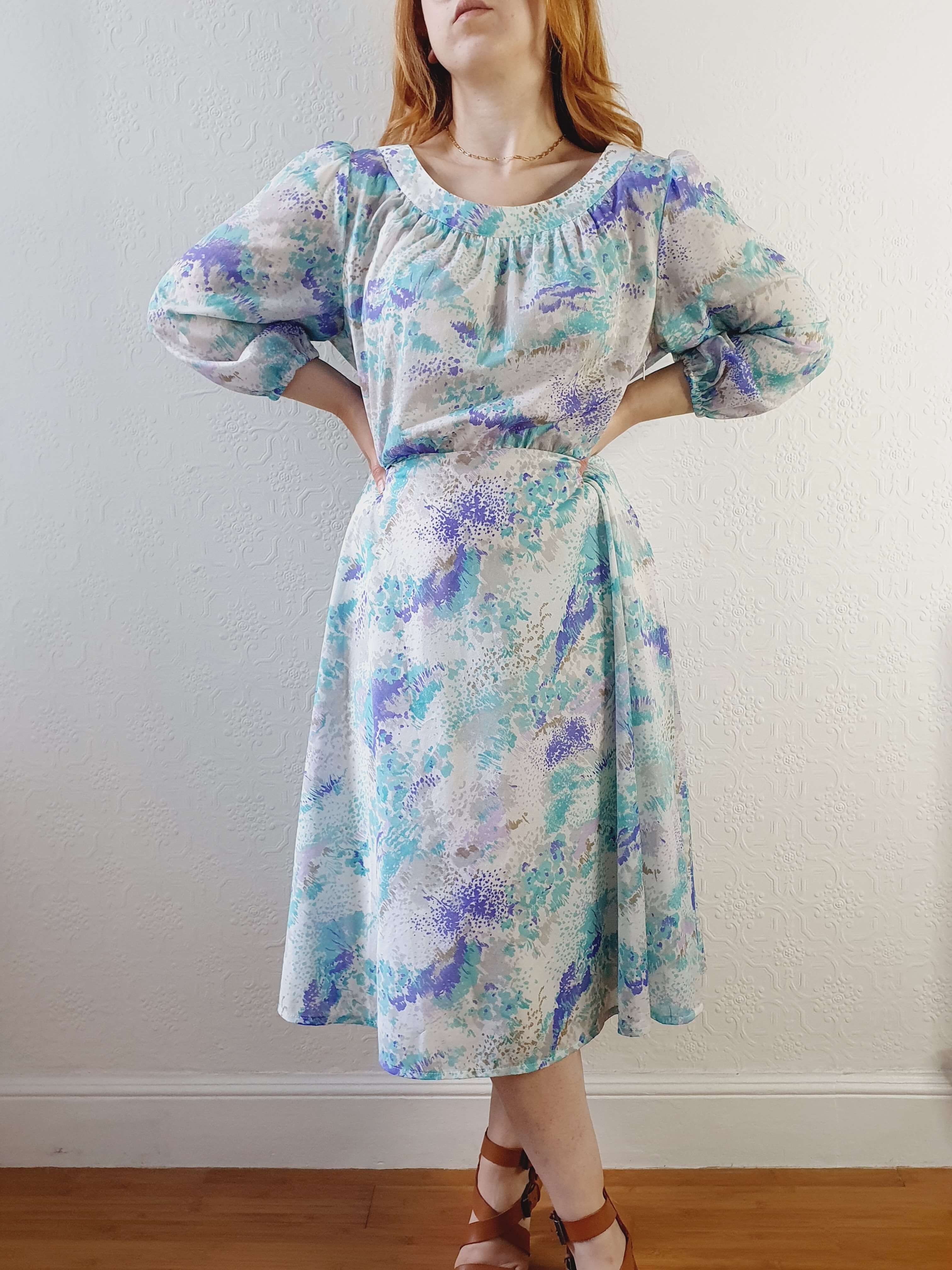 Vintage 80s Blue 3/4 Balloon Sleeve Midi Dress - L - Image 3
