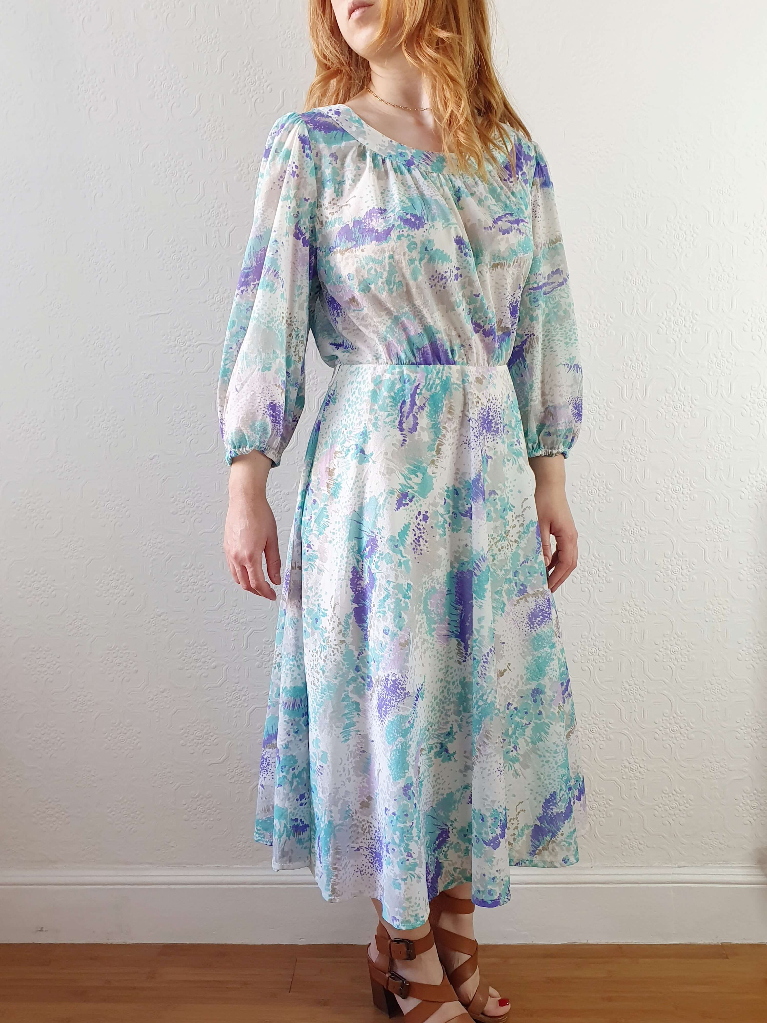 Vintage 80s Blue 3/4 Balloon Sleeve Midi Dress - L - Image 5