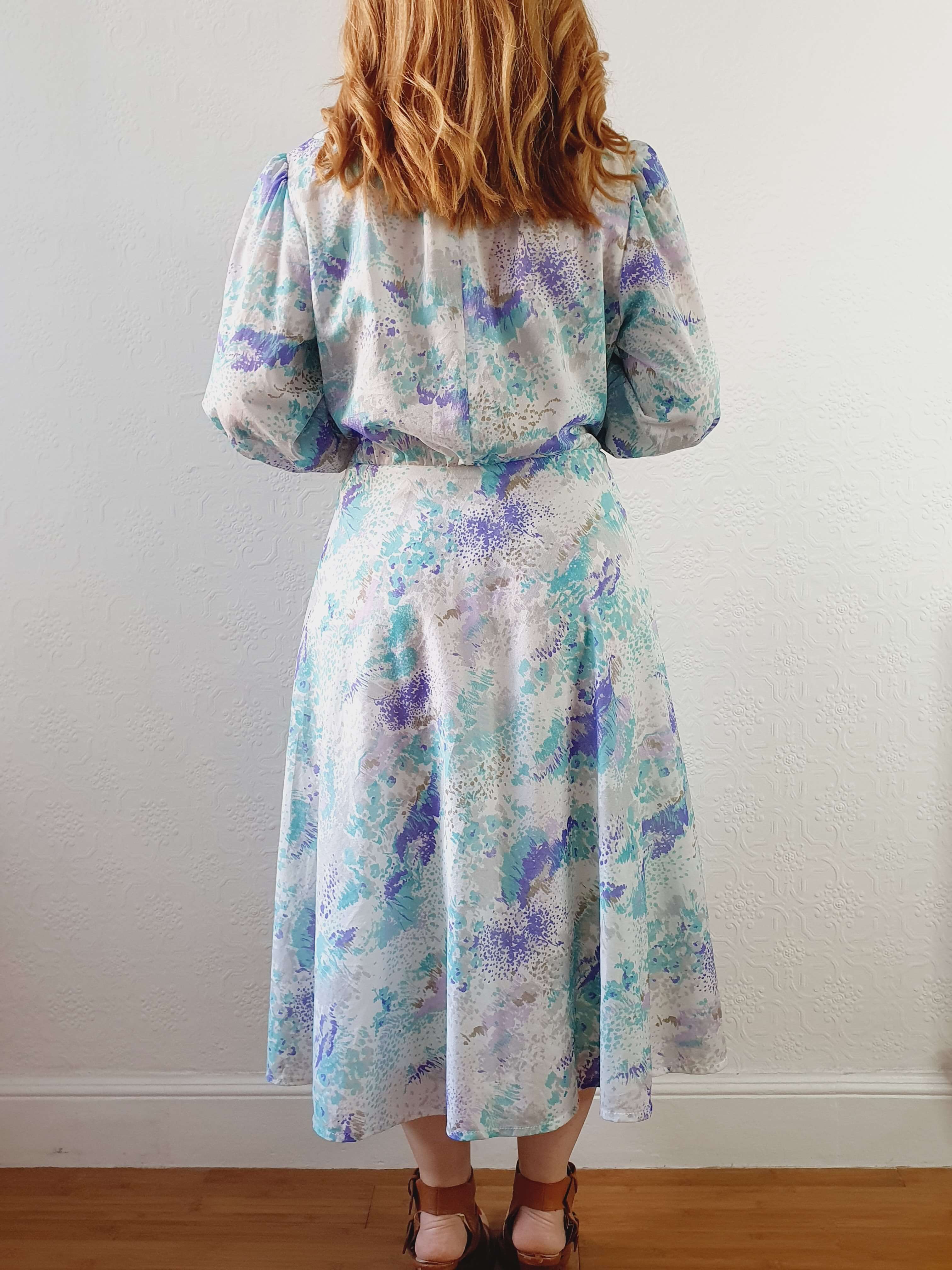 Vintage 80s Blue 3/4 Balloon Sleeve Midi Dress - L - Image 6