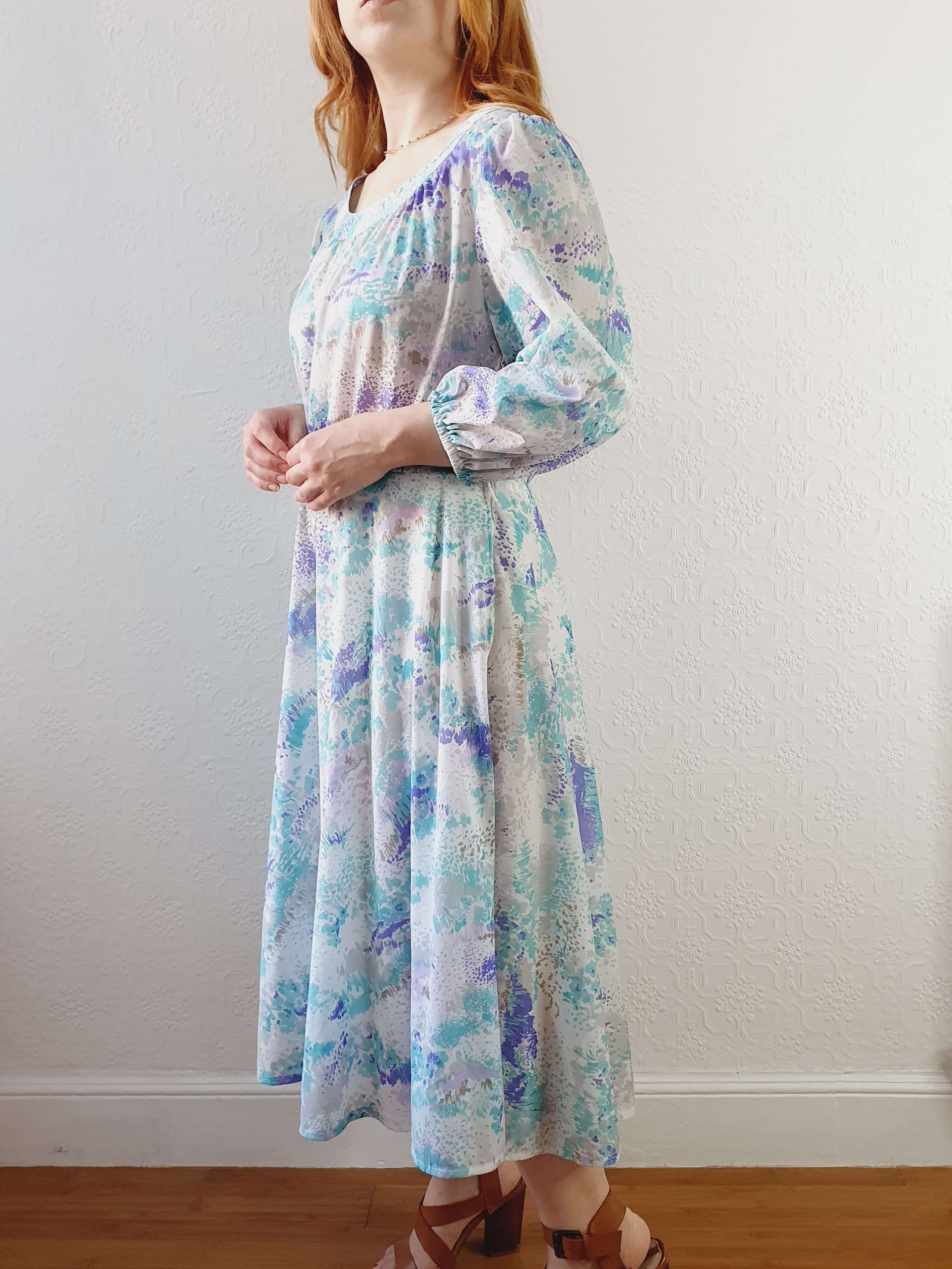 Vintage 80s Blue 3/4 Balloon Sleeve Midi Dress - L - Image 7