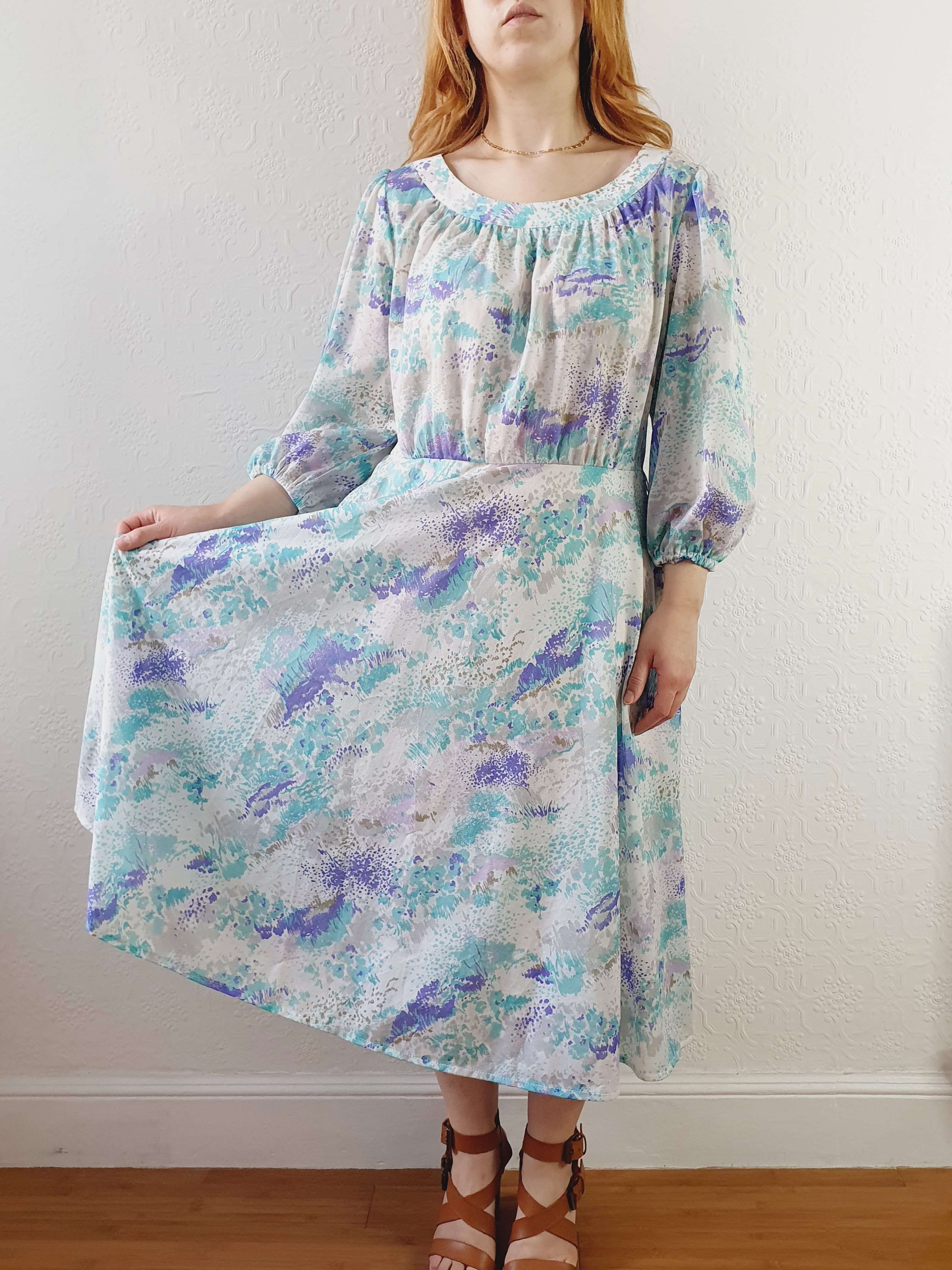 Vintage 80s Blue 3/4 Balloon Sleeve Midi Dress - L - Image 8