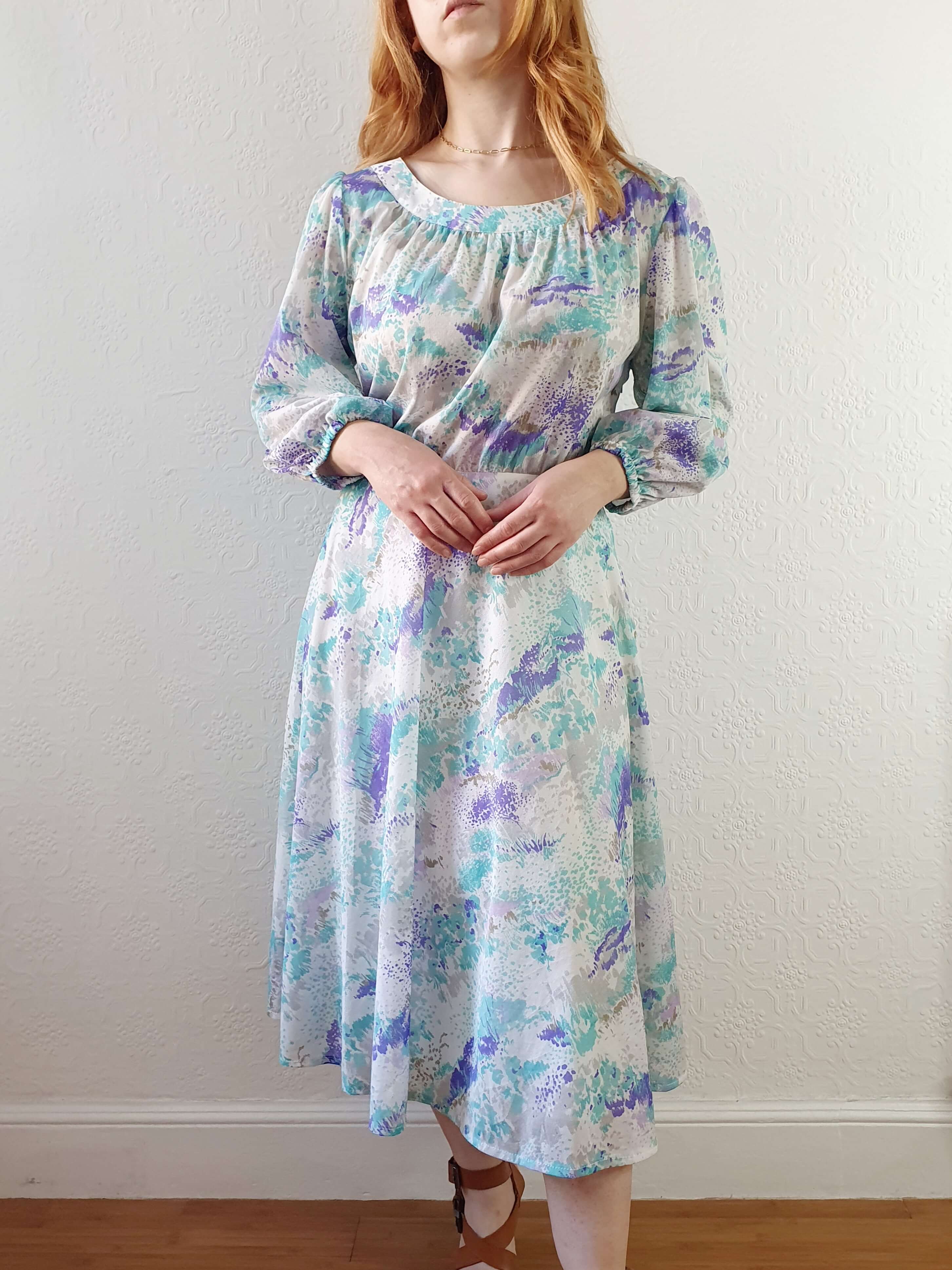 Vintage 80s Blue 3/4 Balloon Sleeve Midi Dress - L - Image 9