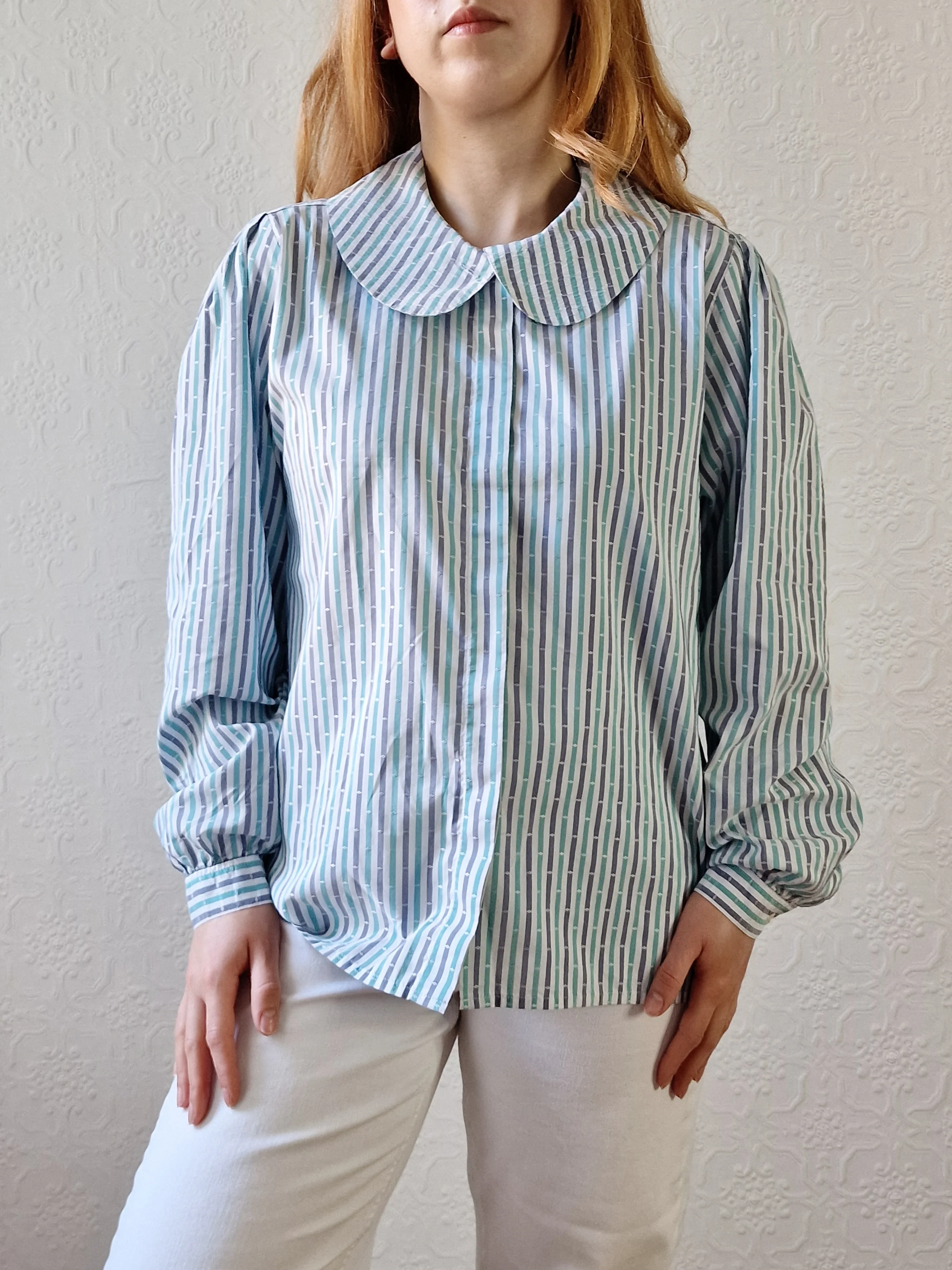 Vintage 80s Blue & Green Striped Long Sleeve Blouse with Peter Pan Collar - M - Image 10