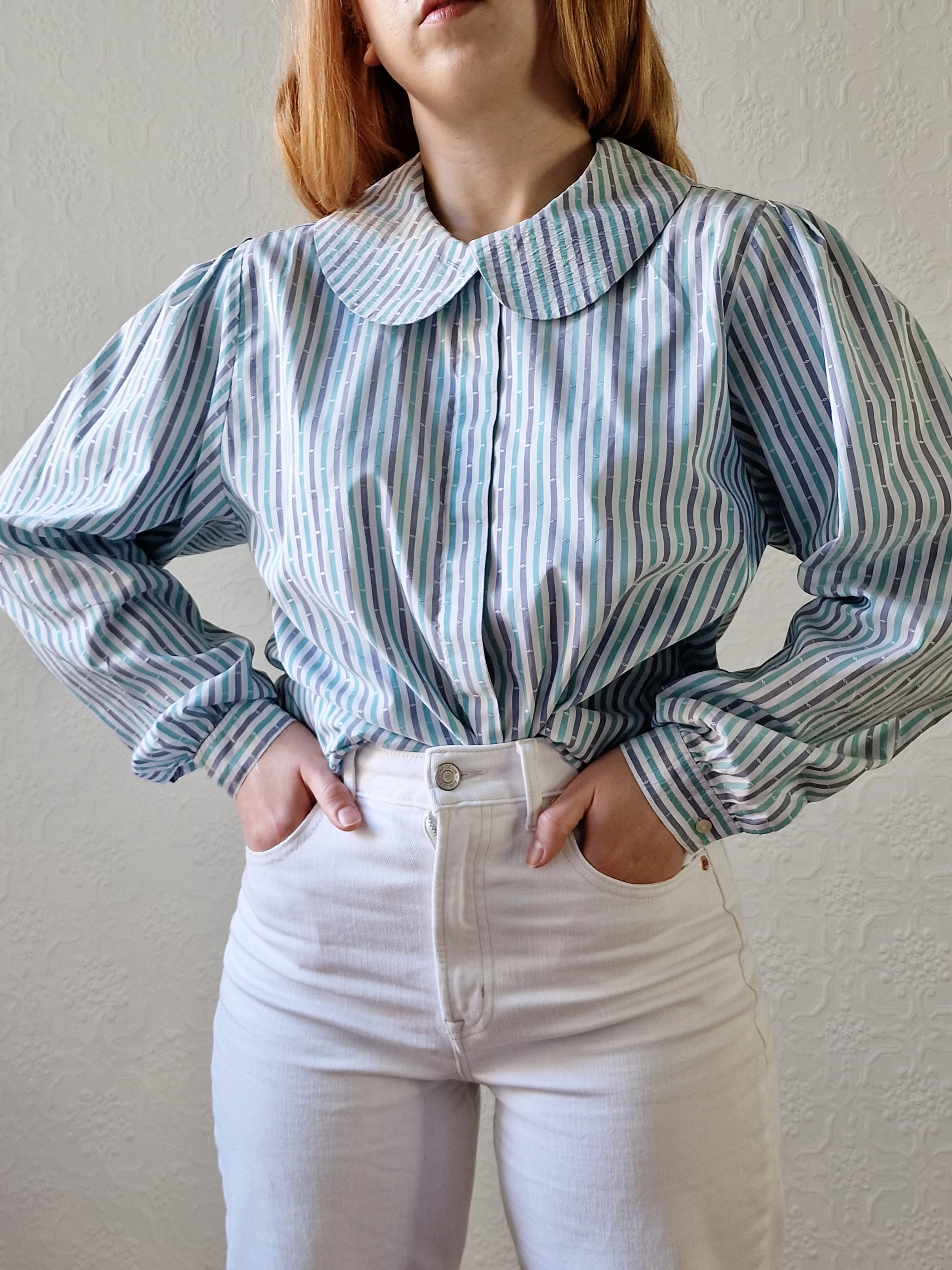 Vintage 80s Blue & Green Striped Long Sleeve Blouse with Peter Pan Collar - M - Image 2