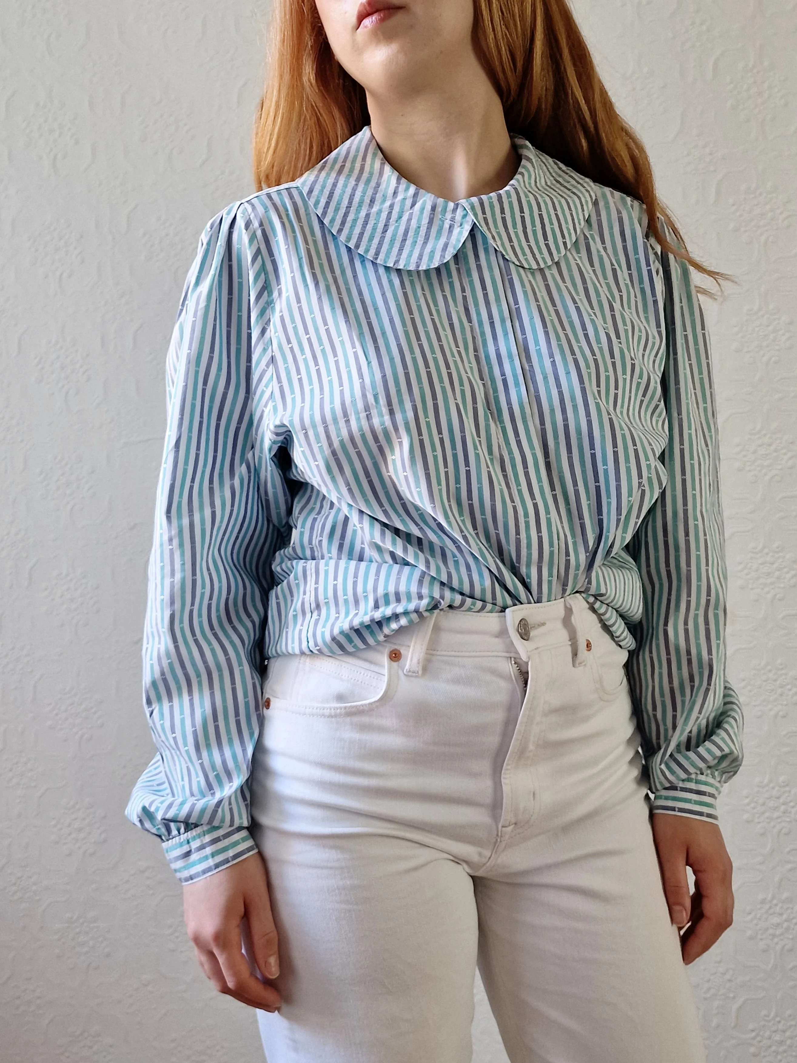 Vintage 80s Blue & Green Striped Long Sleeve Blouse with Peter Pan Collar - M - Image 3