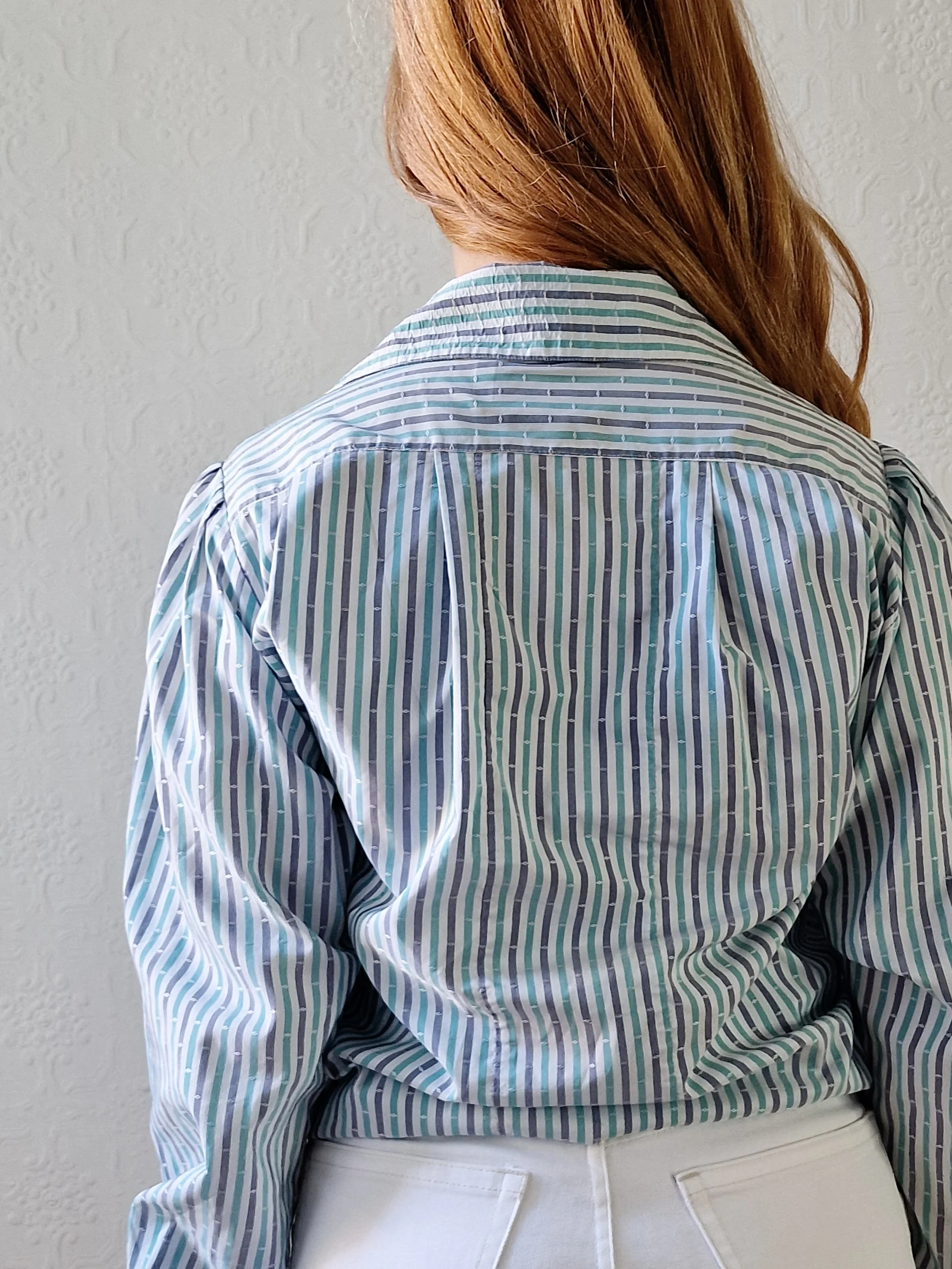 Vintage 80s Blue & Green Striped Long Sleeve Blouse with Peter Pan Collar - M - Image 4