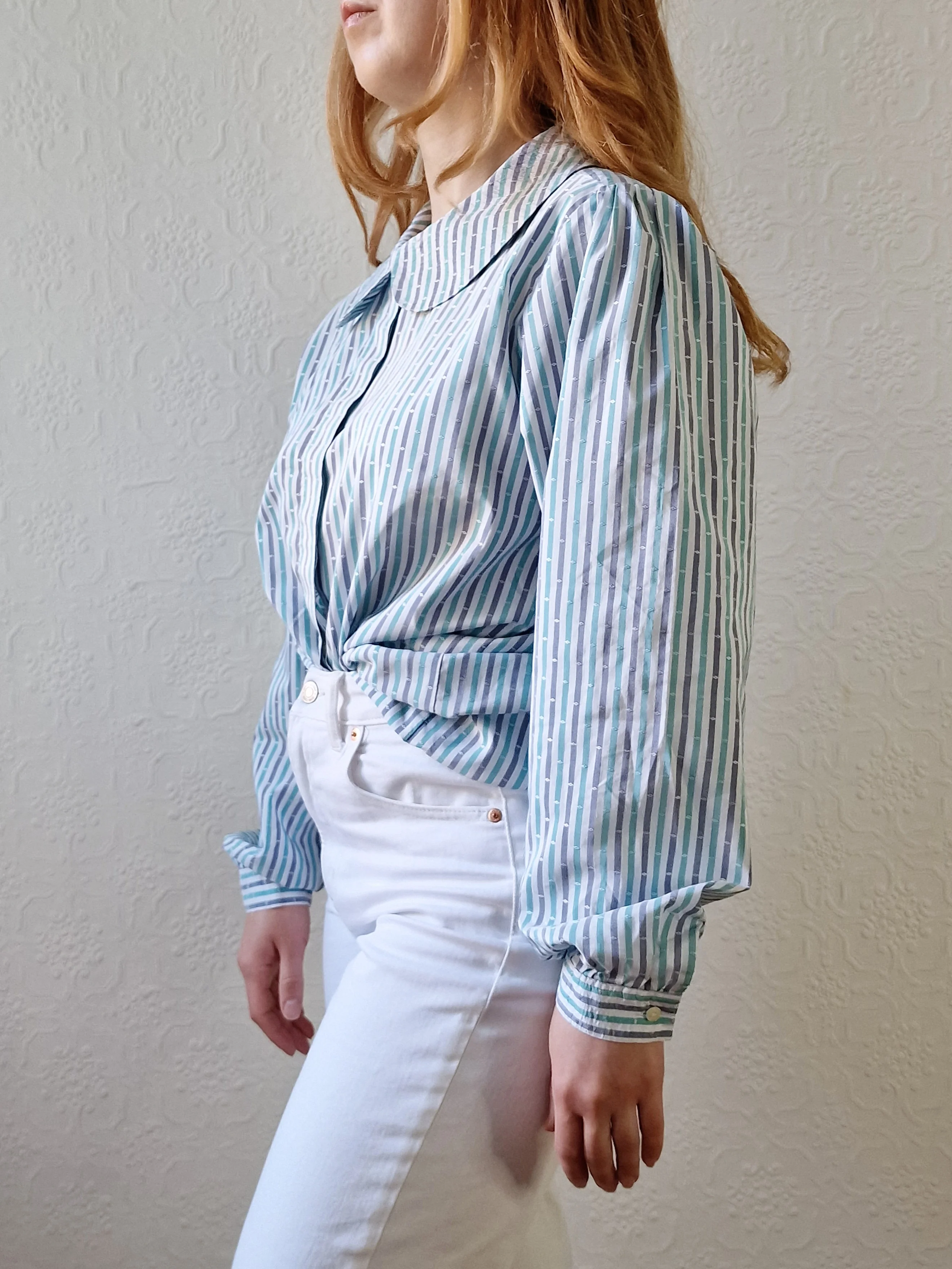 Vintage 80s Blue & Green Striped Long Sleeve Blouse with Peter Pan Collar - M - Image 6