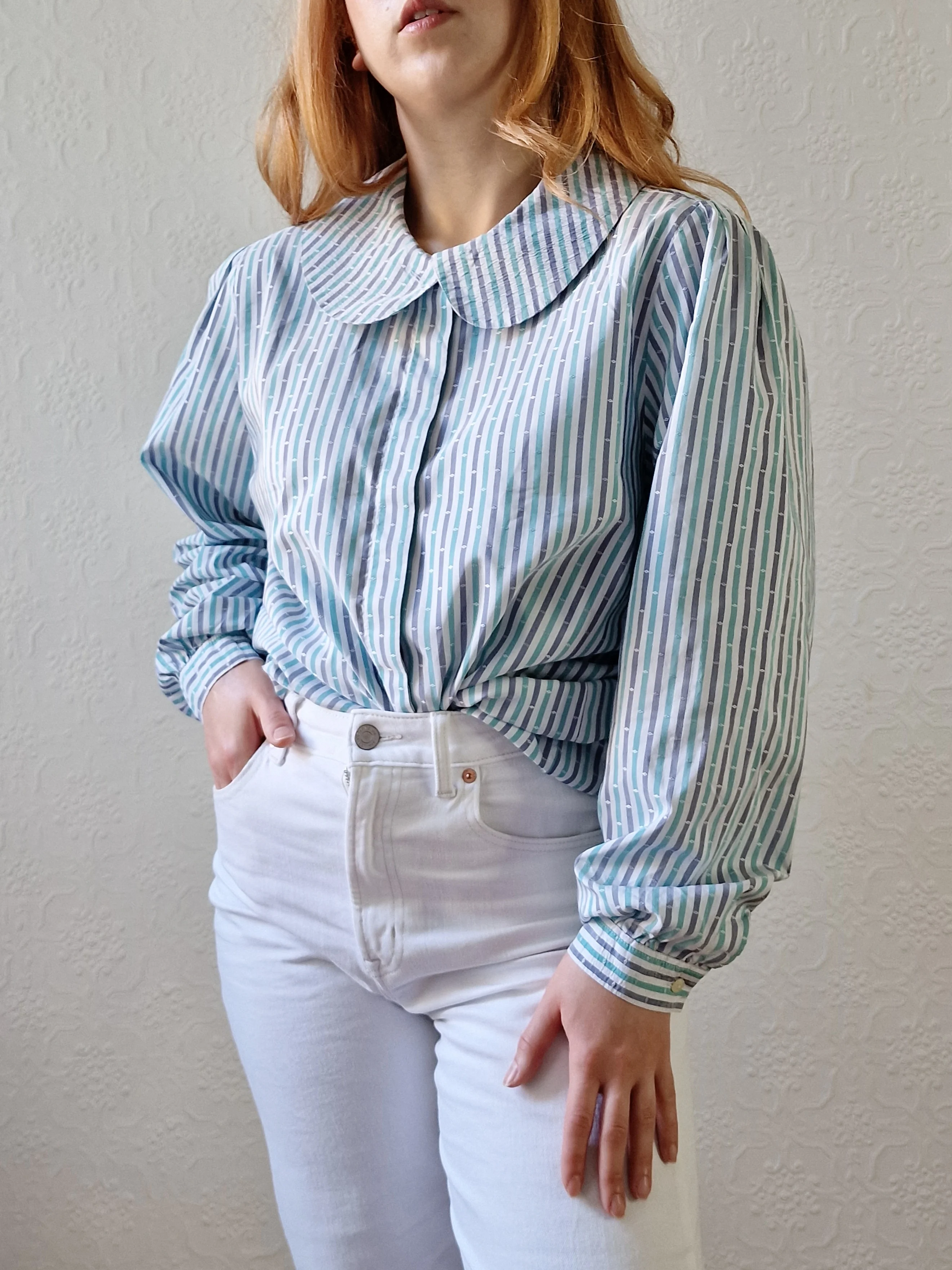 Vintage 80s Blue & Green Striped Long Sleeve Blouse with Peter Pan Collar - M - Image 7