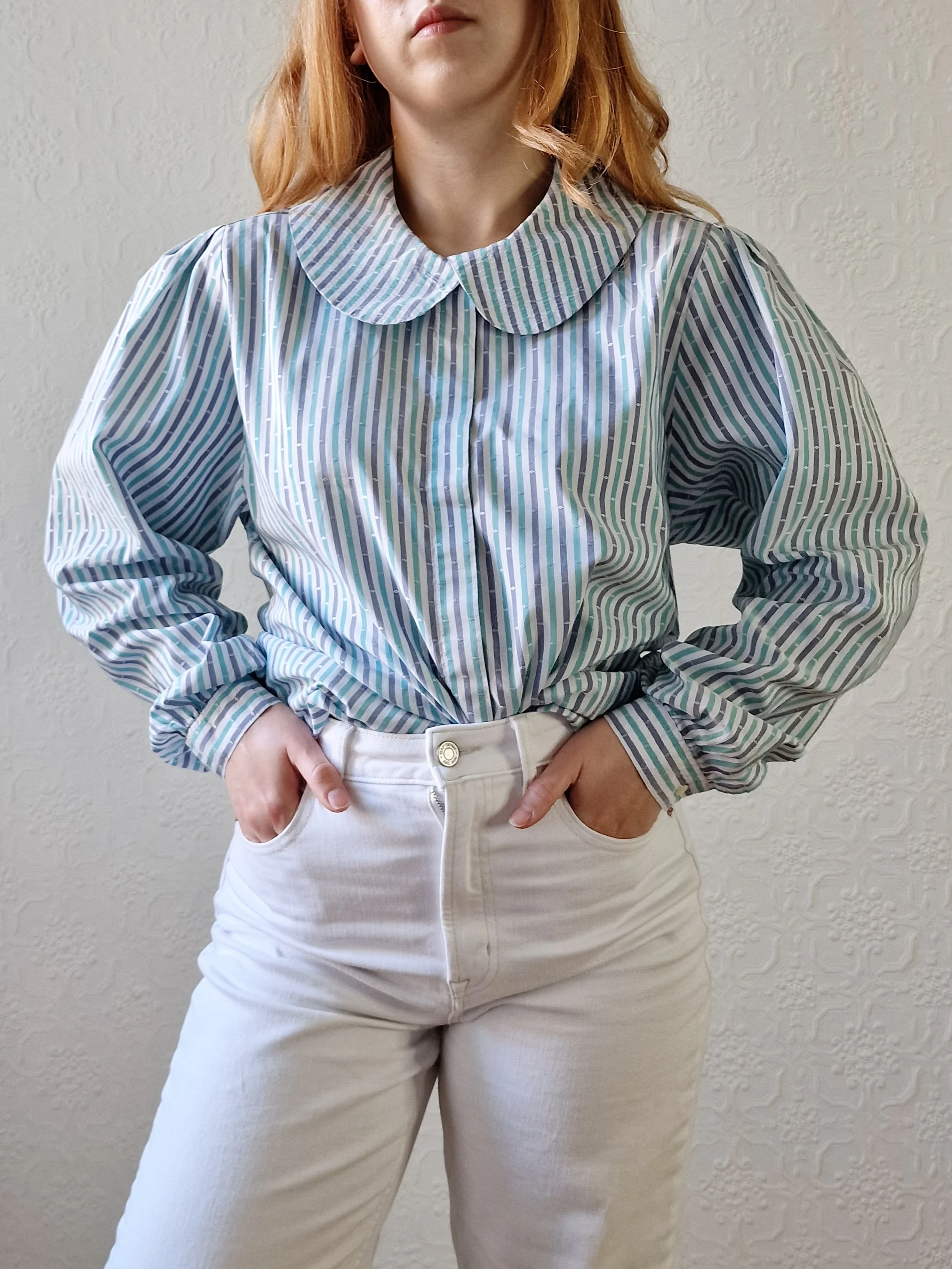 Vintage 80s Blue & Green Striped Long Sleeve Blouse with Peter Pan Collar - M - Image 8