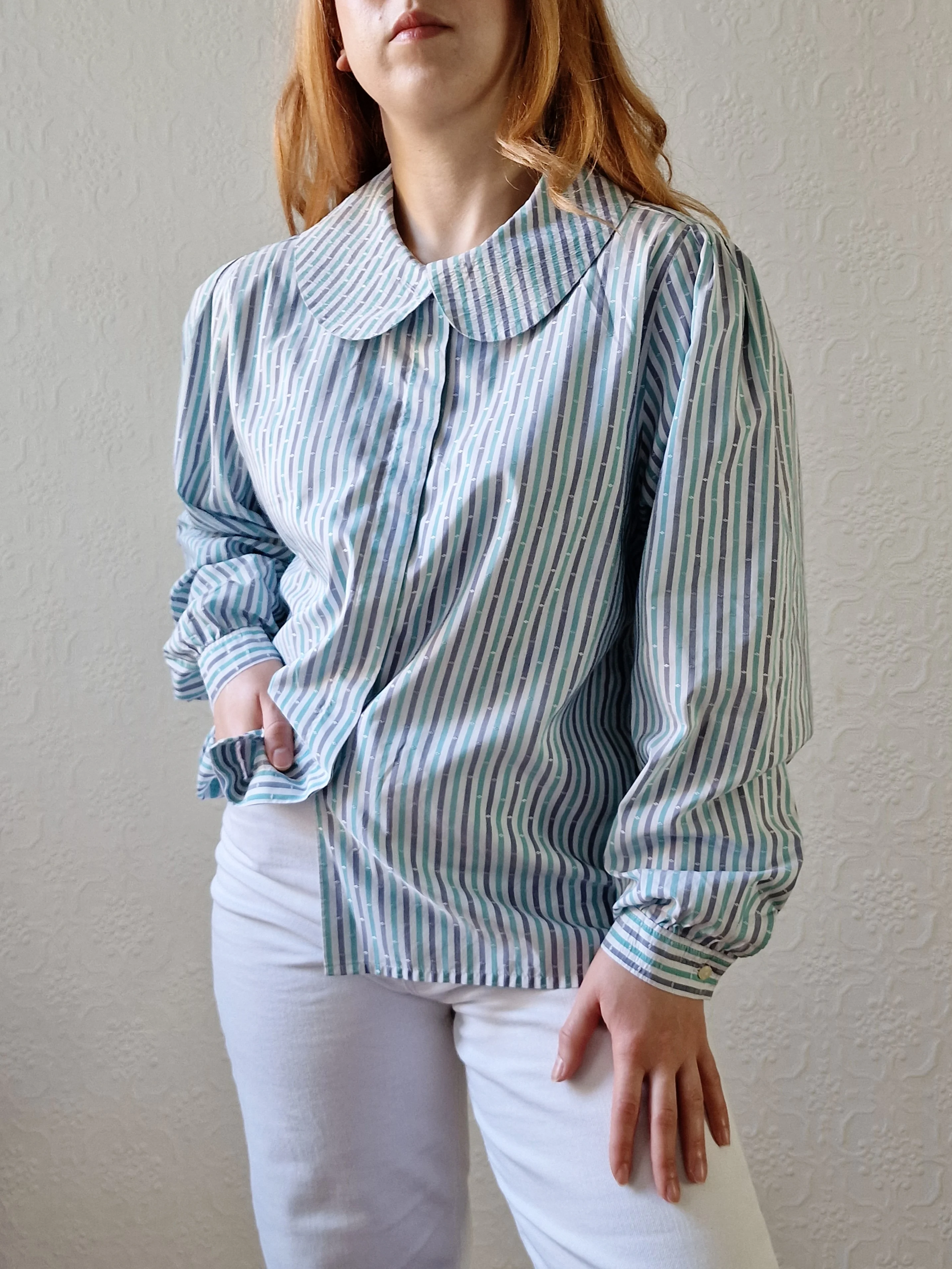 Vintage 80s Blue & Green Striped Long Sleeve Blouse with Peter Pan Collar - M - Image 9