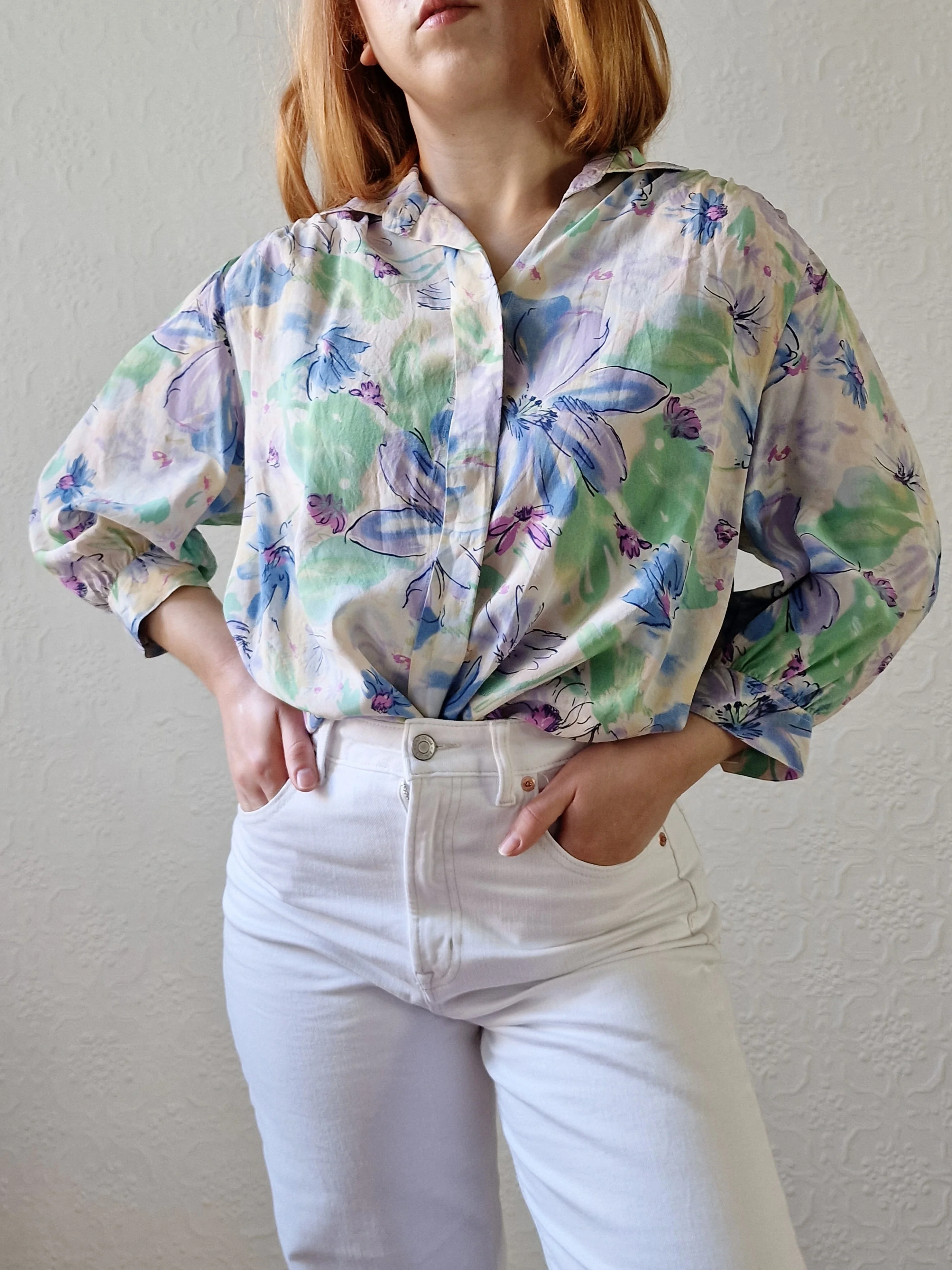 Vintage 80s Blue & Green Floral 100% Silk Blouse with 3/4 Sleeves - S/M - Image 2