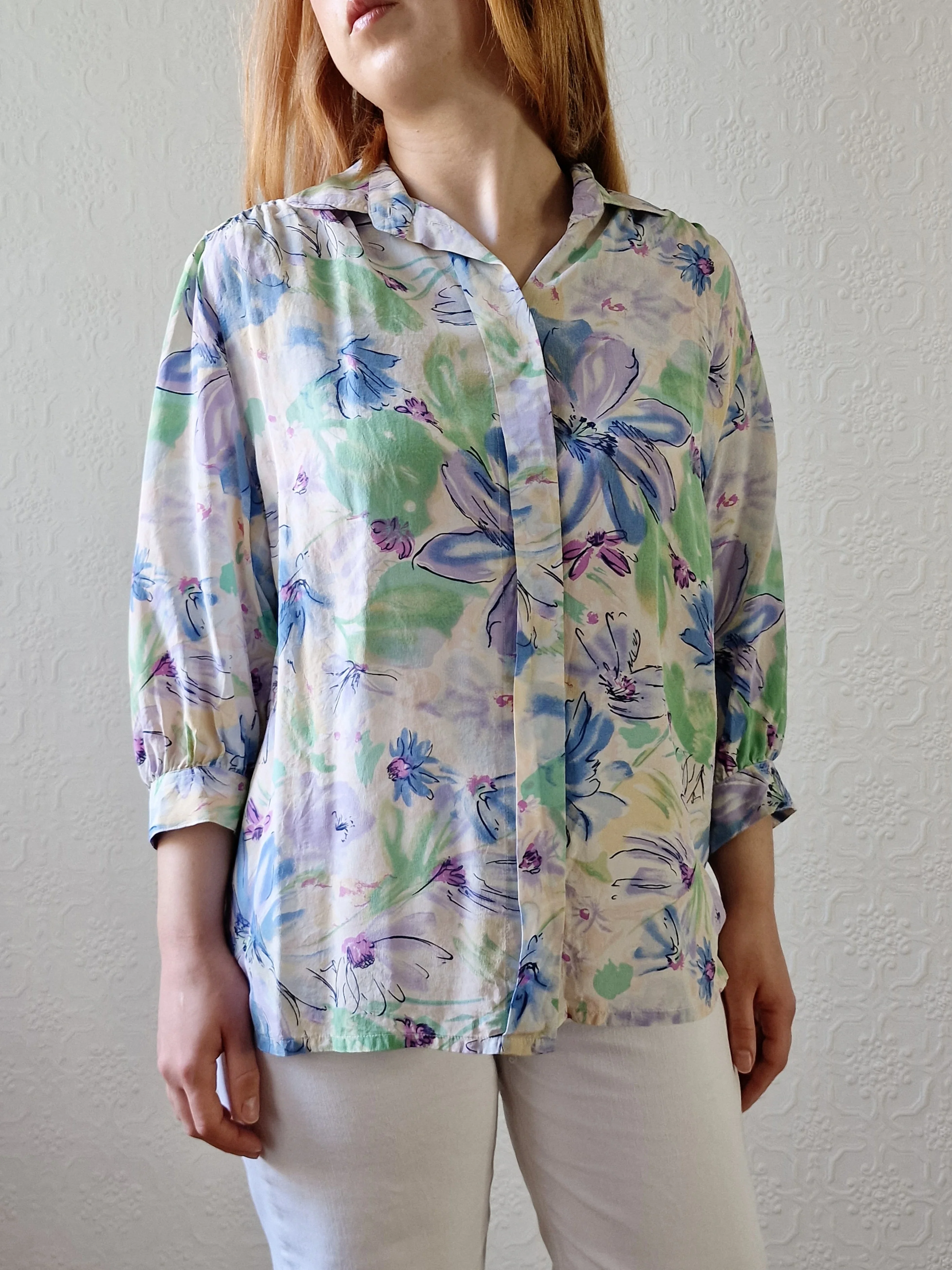 Vintage 80s Blue & Green Floral 100% Silk Blouse with 3/4 Sleeves - S/M - Image 3