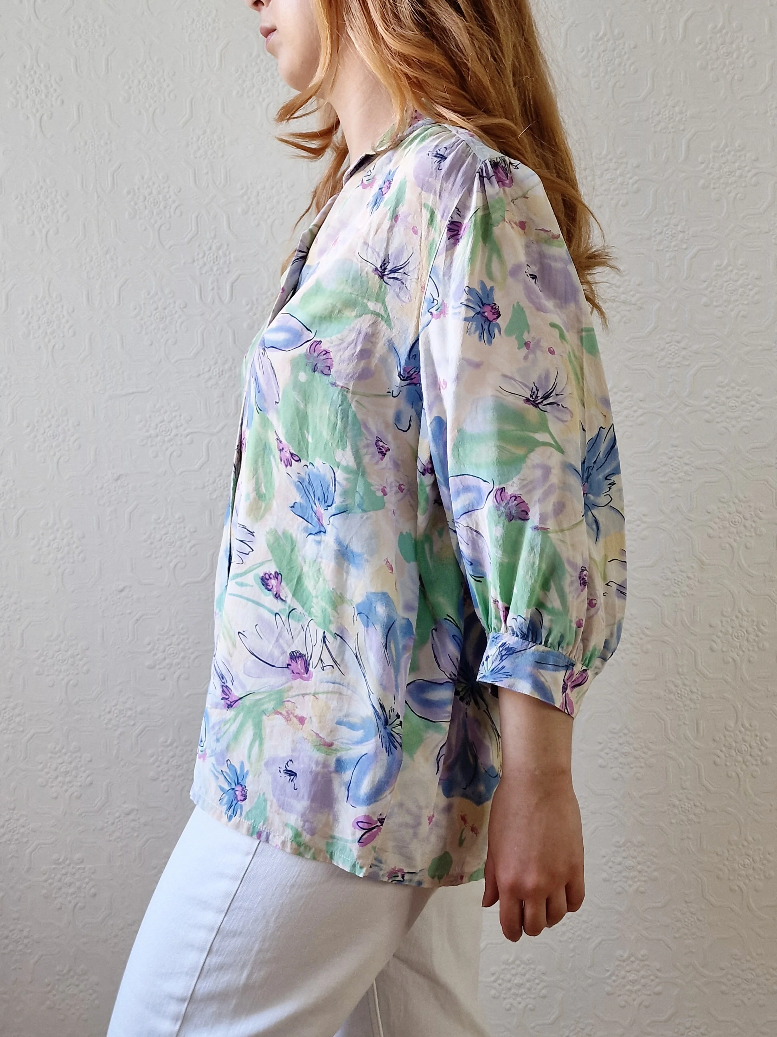 Vintage 80s Blue & Green Floral 100% Silk Blouse with 3/4 Sleeves - S/M - Image 5