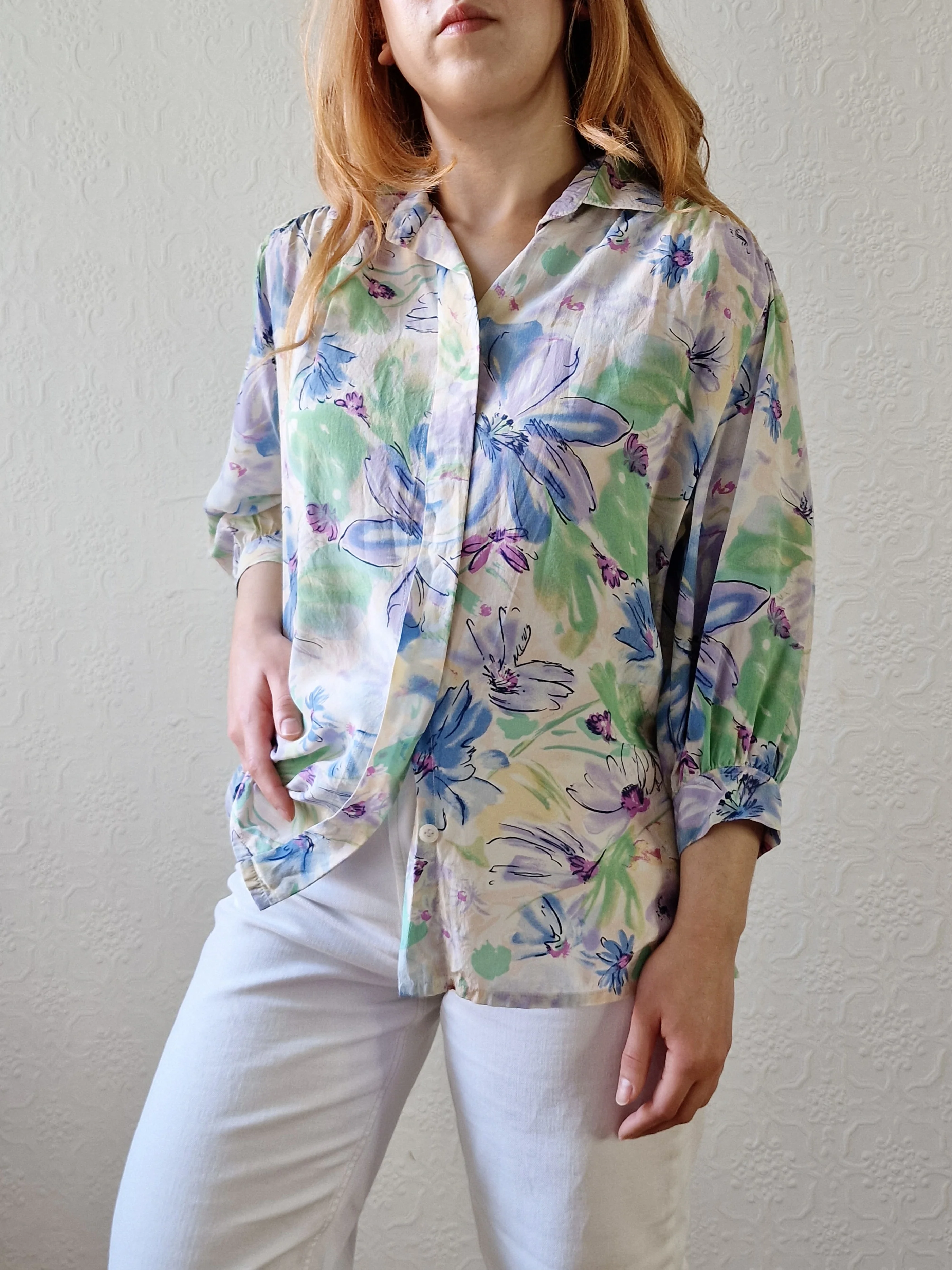 Vintage 80s Blue & Green Floral 100% Silk Blouse with 3/4 Sleeves - S/M - Image 6